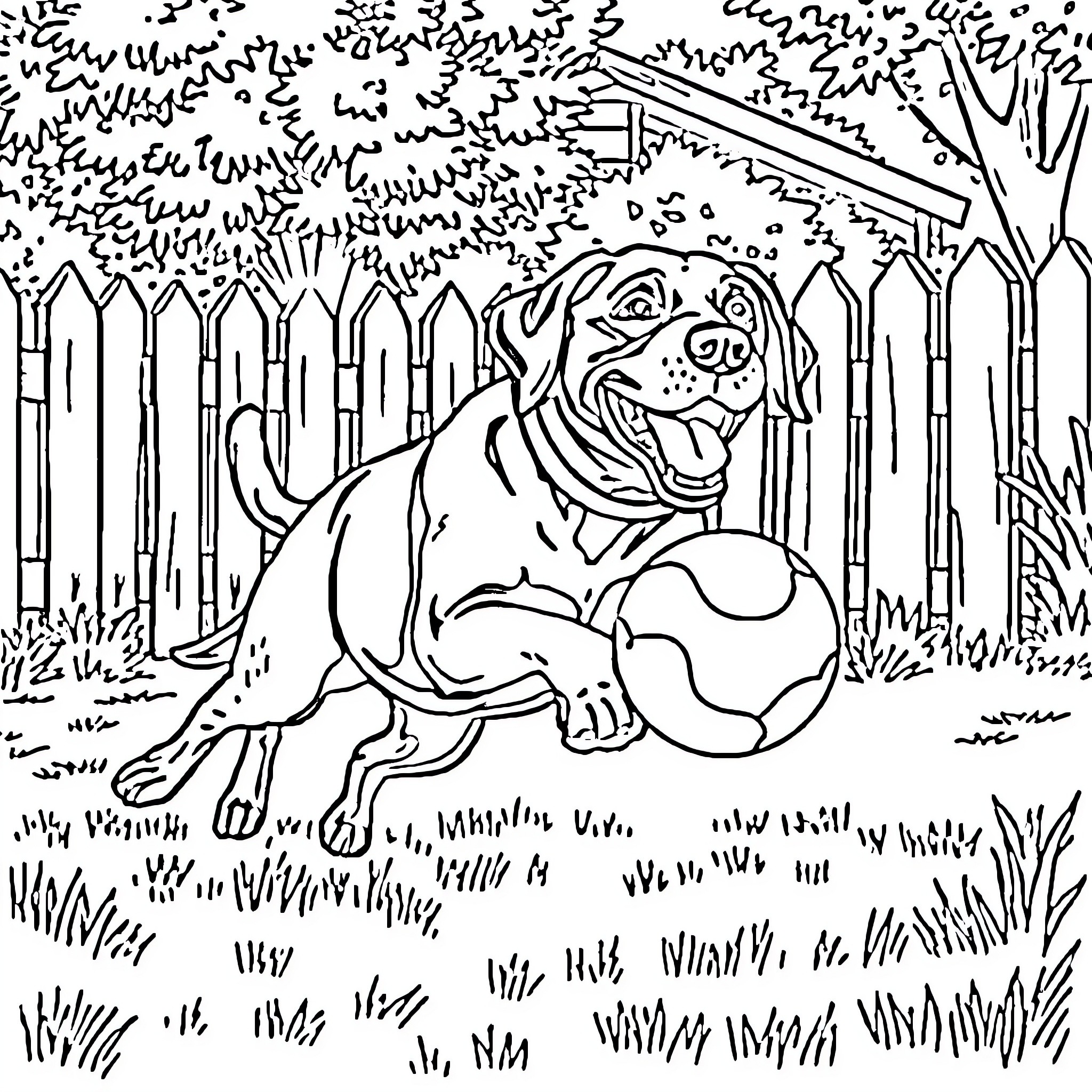Labrador playing with ball in backyard Coloring Page (free black-and-white line drawing printable PDF for all, from beginners to advanced learners, including children, teens, adults, and seniors)