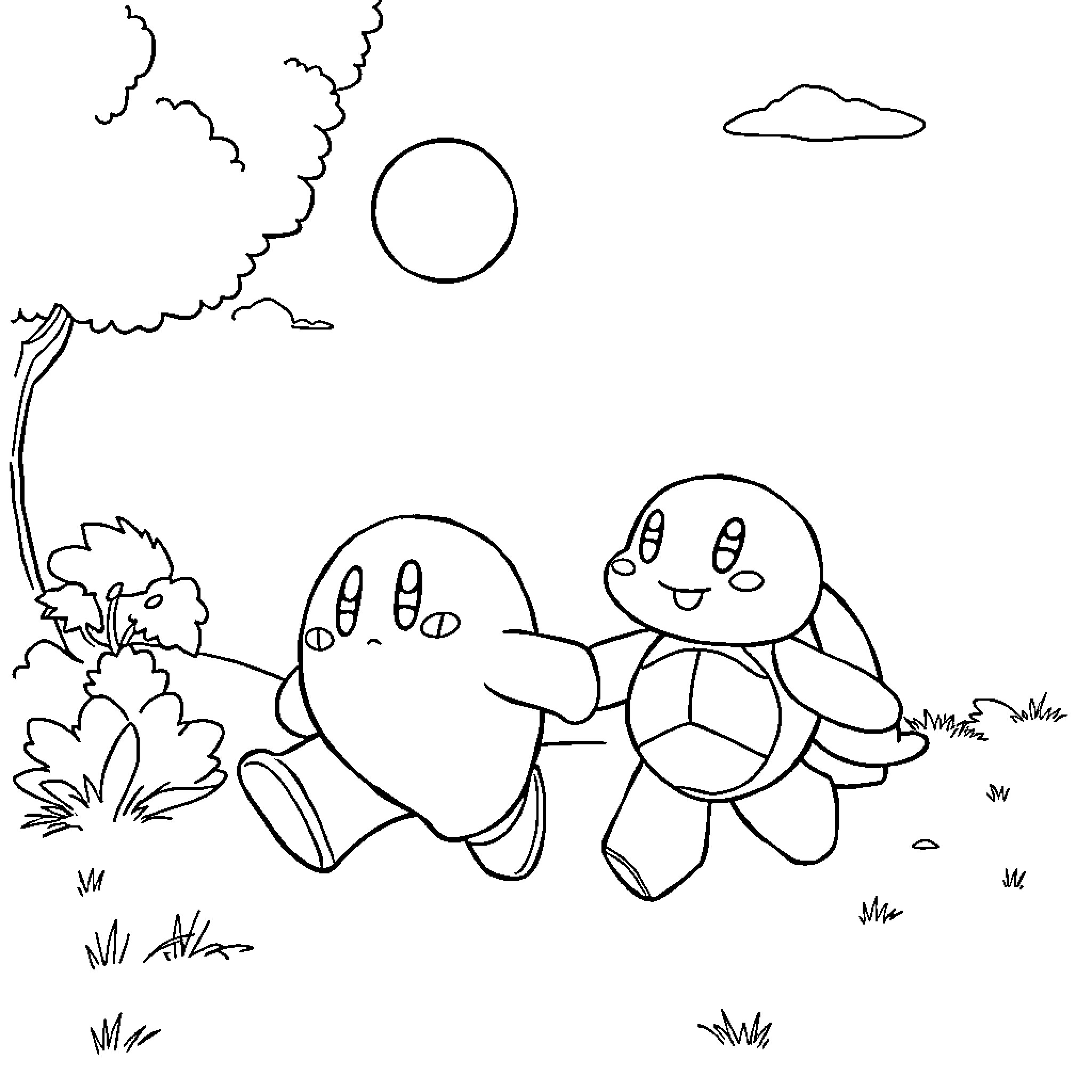 Kirby and friends exploring the outdoors Coloring Page (free black-and-white line drawing printable PDF for all, from beginners to advanced learners, including children, teens, adults, and seniors)