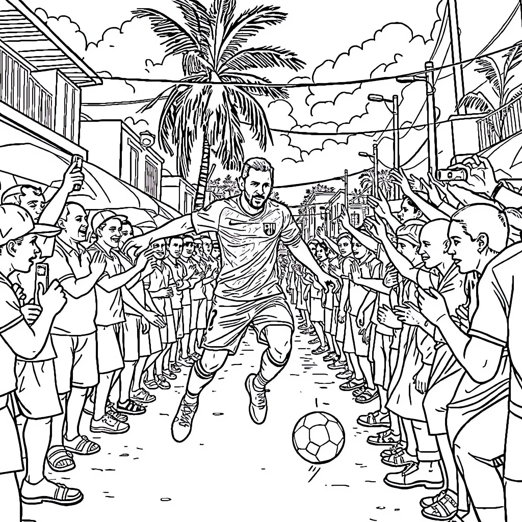 Messi's triumphant celebration on the field Coloring Page (free black-and-white line drawing printable PDF for all, from beginners to advanced learners, including children, teens, adults, and seniors)