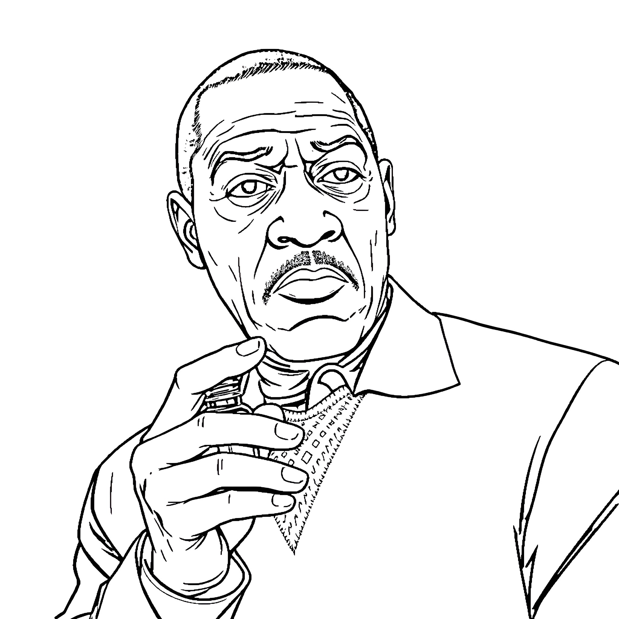 Bill Cosby in a contemplative pose Coloring Page (free black-and-white line drawing printable PDF for all, from beginners to advanced learners, including children, teens, adults, and seniors)