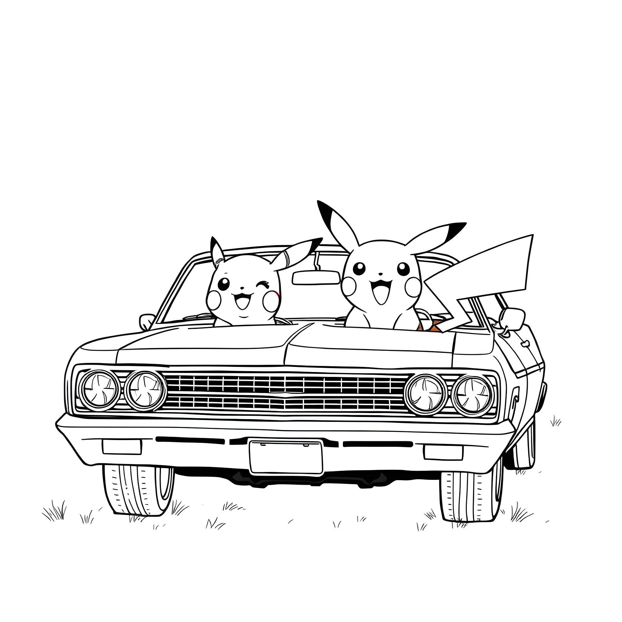 Pikachu and friends riding a classic car Coloring Page (free black-and-white line drawing printable PDF for all, from beginners to advanced learners, including children, teens, adults, and seniors)
