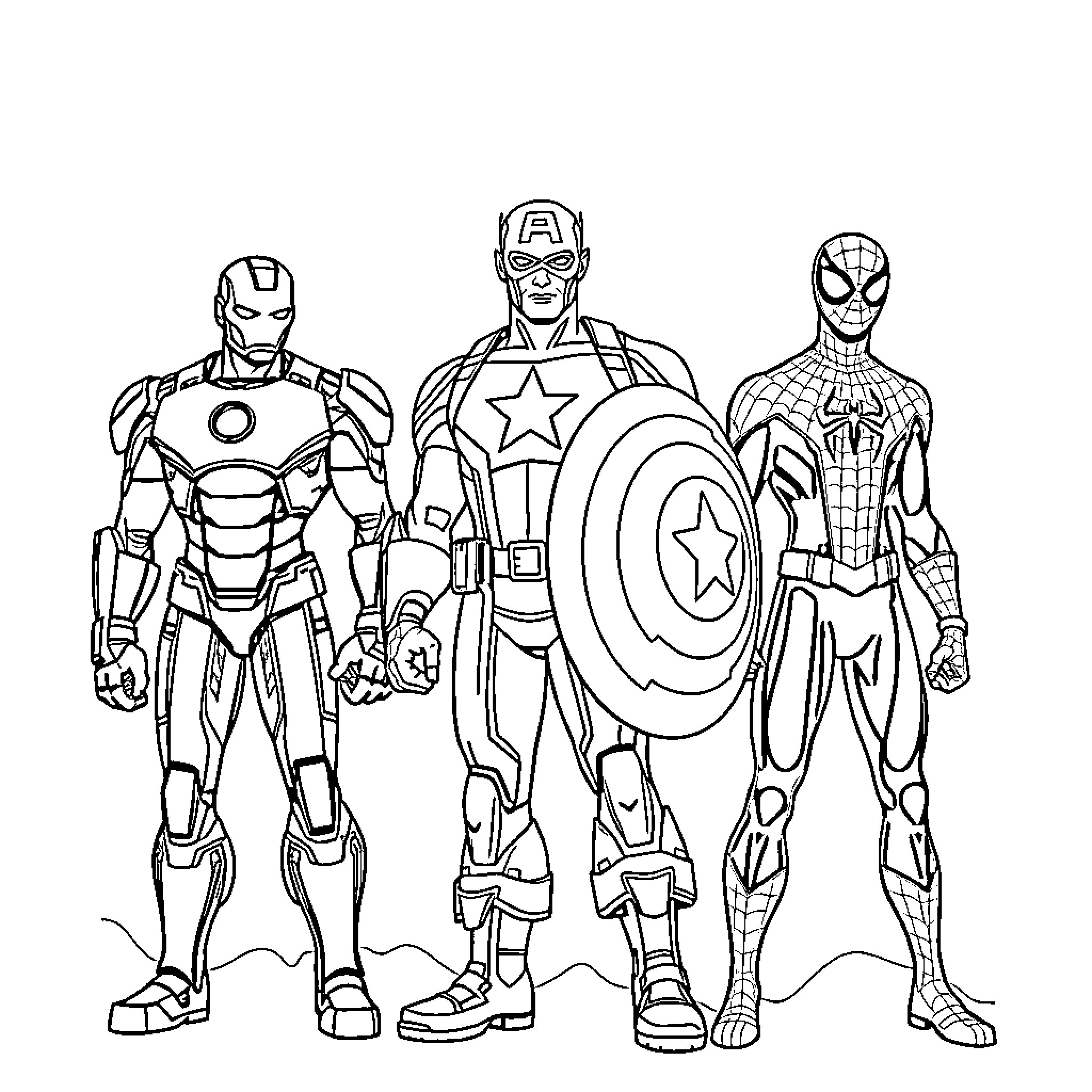 Ironman, Captain America, and Spiderman in Action Poses Coloring Page (free black-and-white line drawing printable PDF for all, from beginners to advanced learners, including children, teens, adults, and seniors)