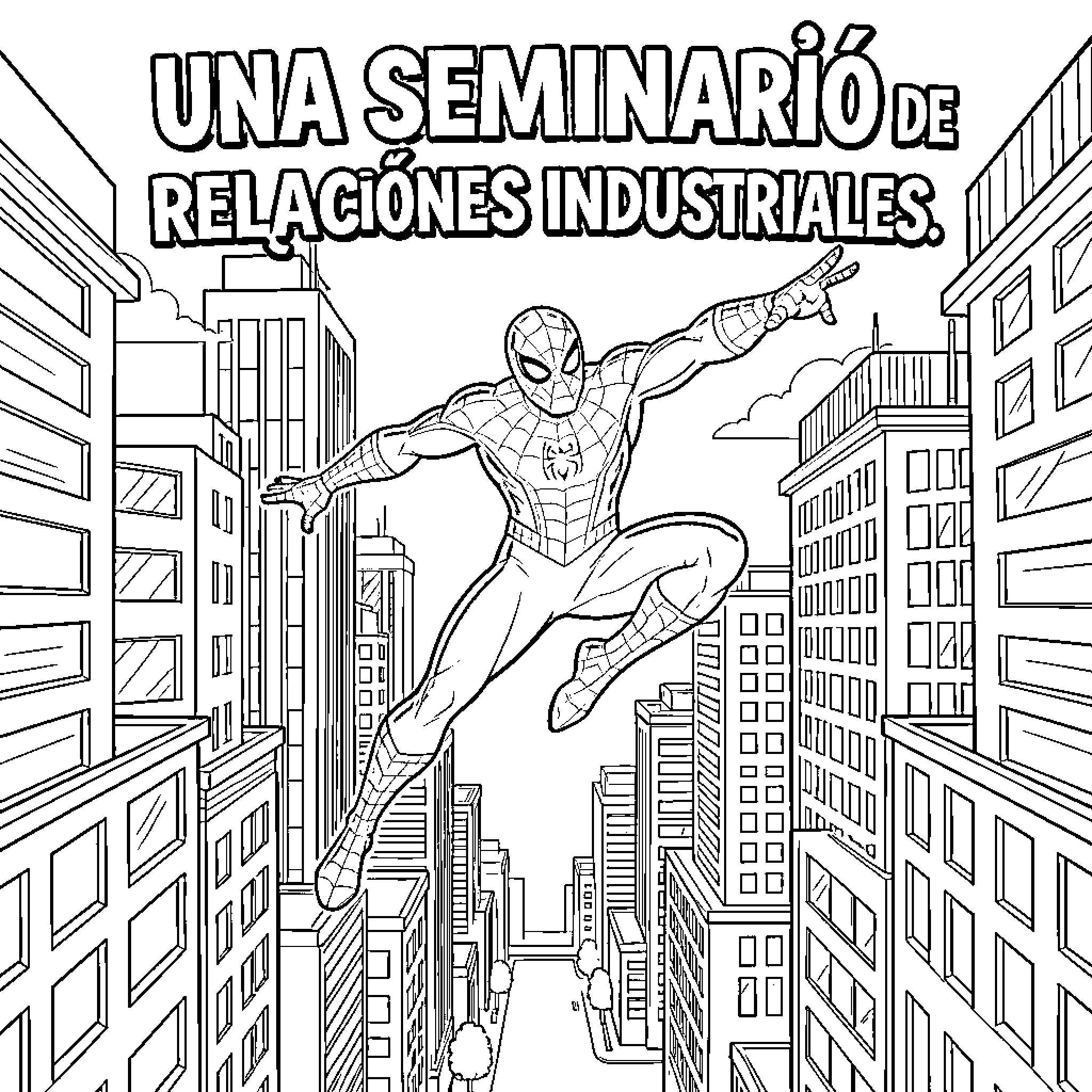 Spider-Man swinging through the city during an industrial relations seminar Coloring Page (free black-and-white line drawing printable PDF for all, from beginners to advanced learners, including children, teens, adults, and seniors)