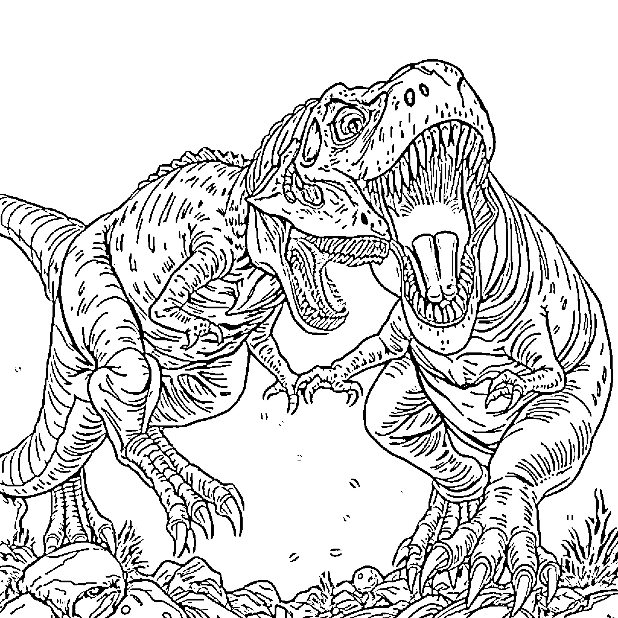 Rex's Fierce Prehistoric Adventure Coloring Page (free black-and-white line drawing printable PDF for all, from beginners to advanced learners, including children, teens, adults, and seniors)