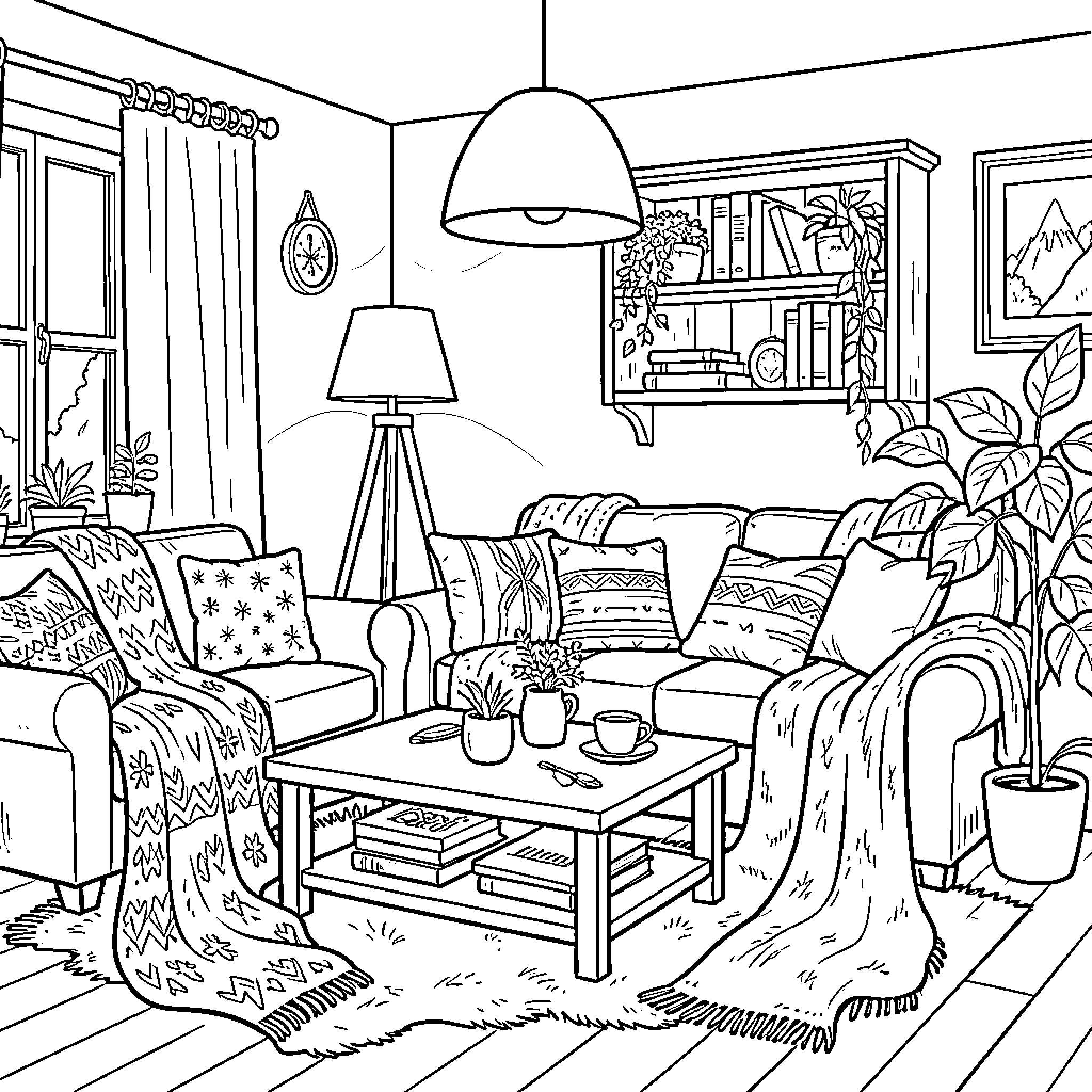 Living Room with Cozy Furniture and Decor Coloring Page (free black-and-white line drawing printable PDF for all, from beginners to advanced learners, including children, teens, adults, and seniors)