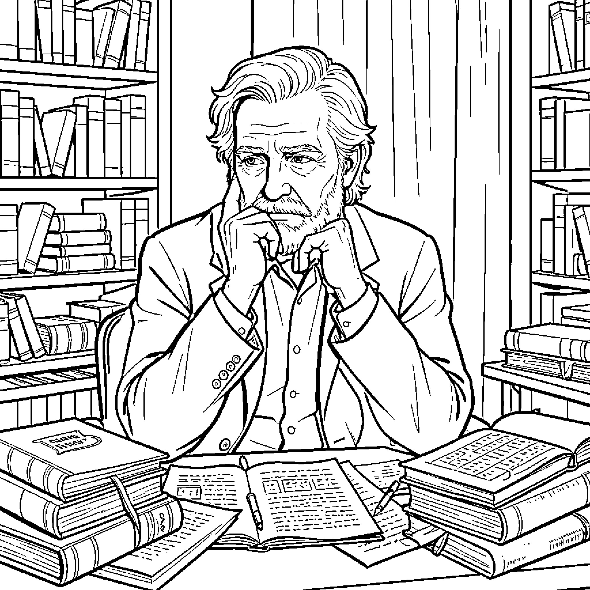 Kripke's Contemplative Intellectual Repose Coloring Page (free black-and-white line drawing printable PDF for all, from beginners to advanced learners, including children, teens, adults, and seniors)