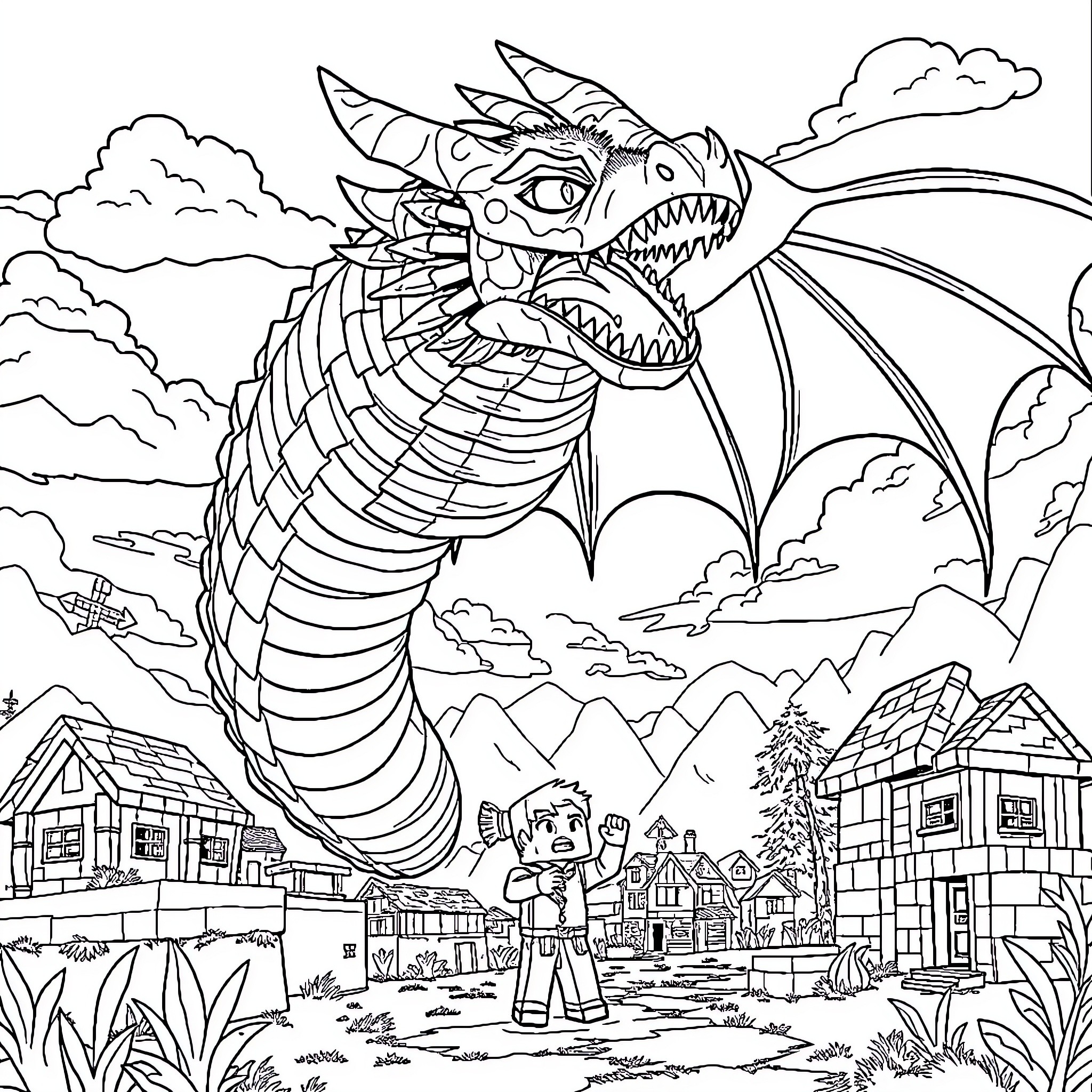 Villager observing a fierce dragon in the skies Coloring Page (free black-and-white line drawing printable PDF for all, from beginners to advanced learners, including children, teens, adults, and seniors)