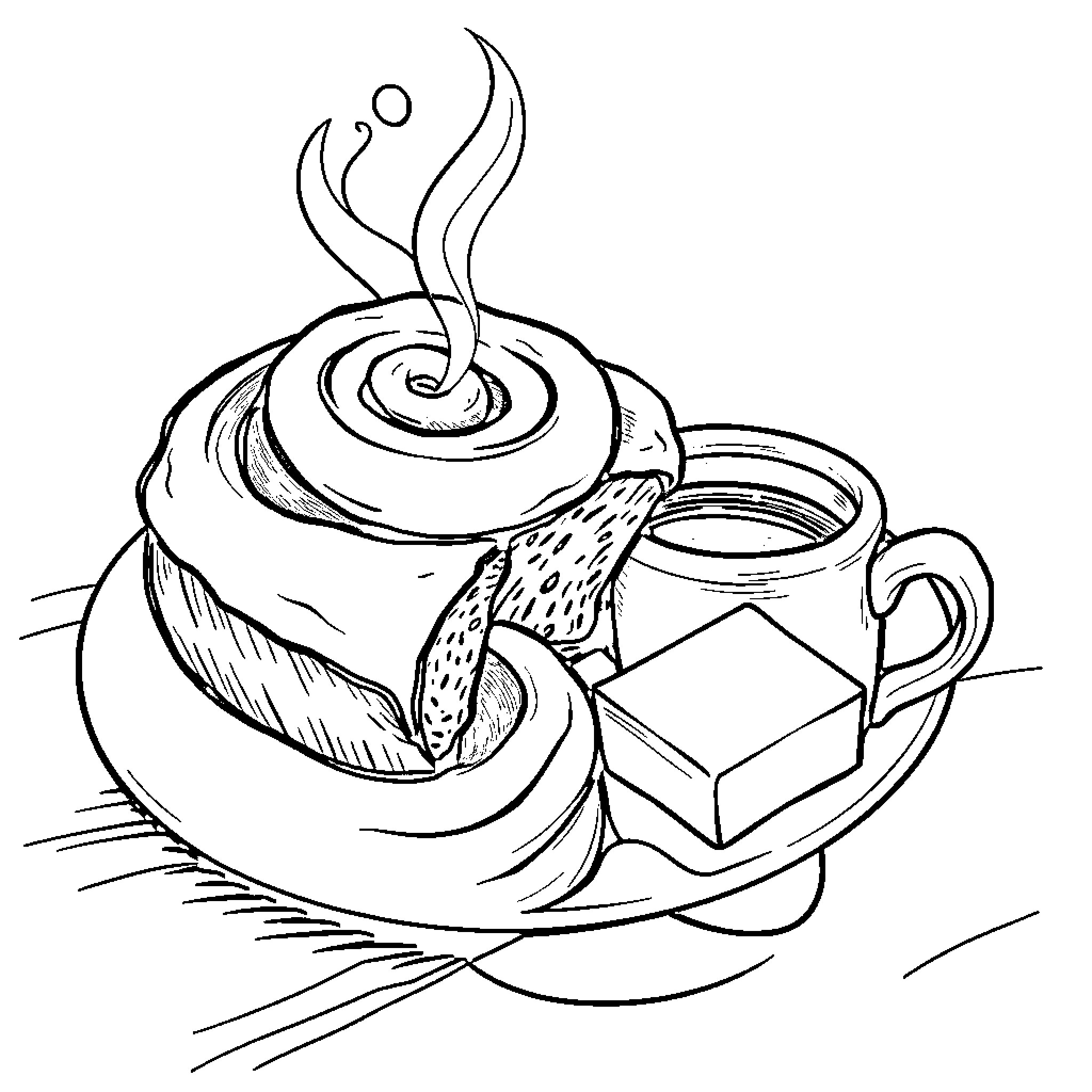 Cinnamon Roll with Sweet Treat Coloring Page (free black-and-white line drawing printable PDF for all, from beginners to advanced learners, including children, teens, adults, and seniors)