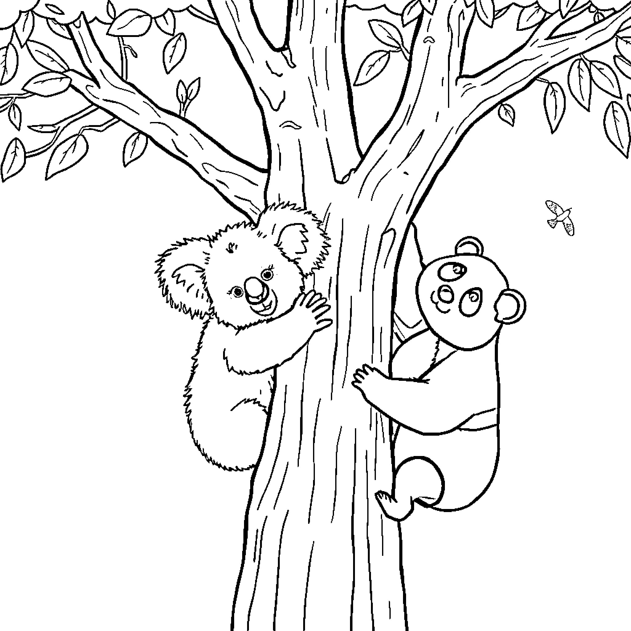Koalas playing and climbing on a tree Coloring Page (free black-and-white line drawing printable PDF for all, from beginners to advanced learners, including children, teens, adults, and seniors)