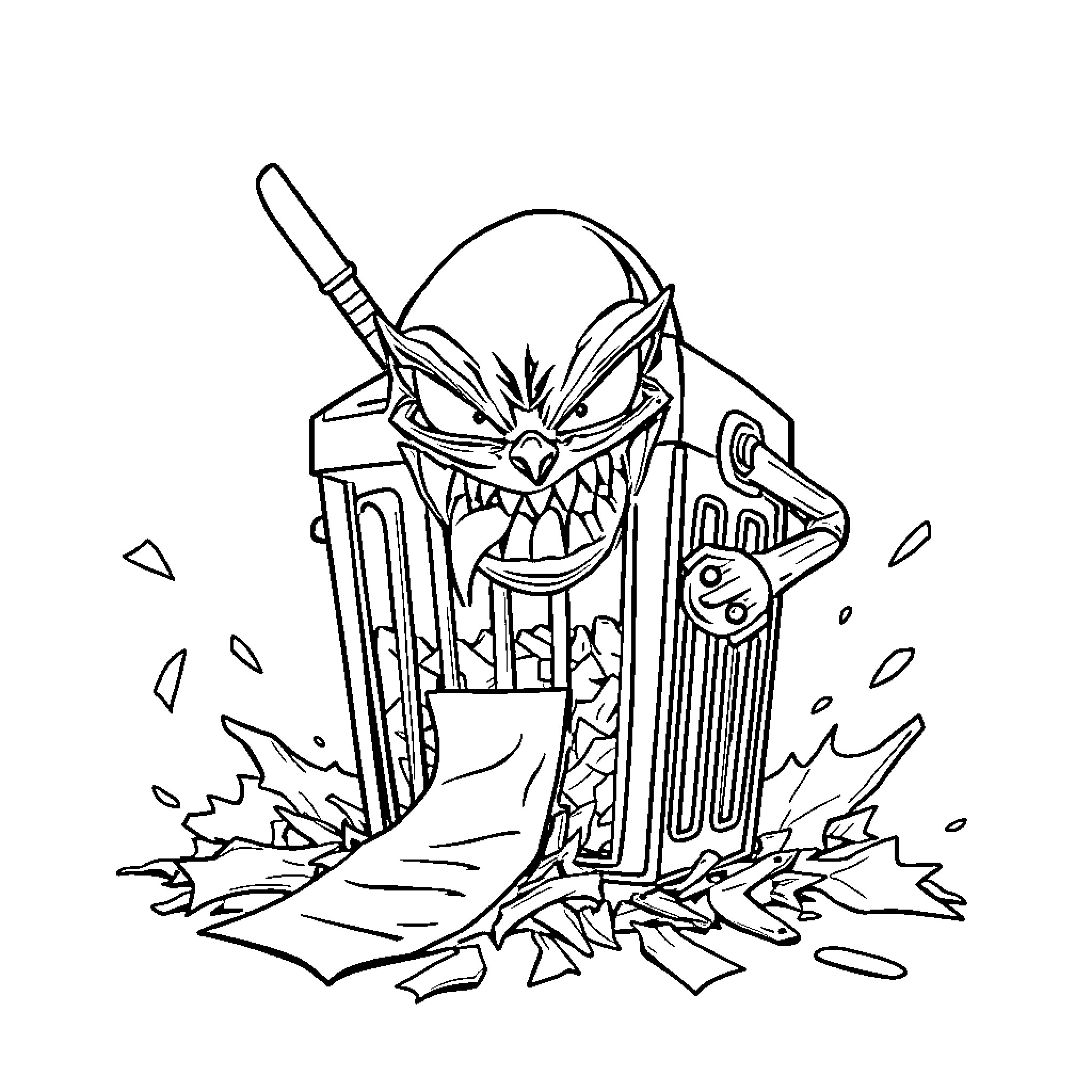 Shredder destroying paper documents in a chaotic scene Coloring Page (free black-and-white line drawing printable PDF for all, from beginners to advanced learners, including children, teens, adults, and seniors)