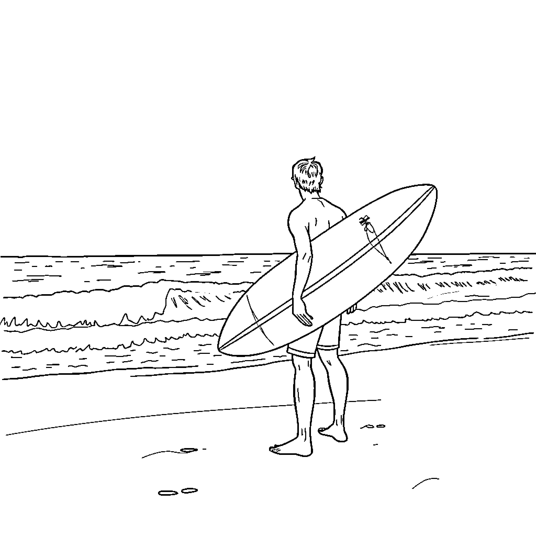 Surfer ready to ride the waves Coloring Page (free black-and-white line drawing printable PDF for all, from beginners to advanced learners, including children, teens, adults, and seniors)