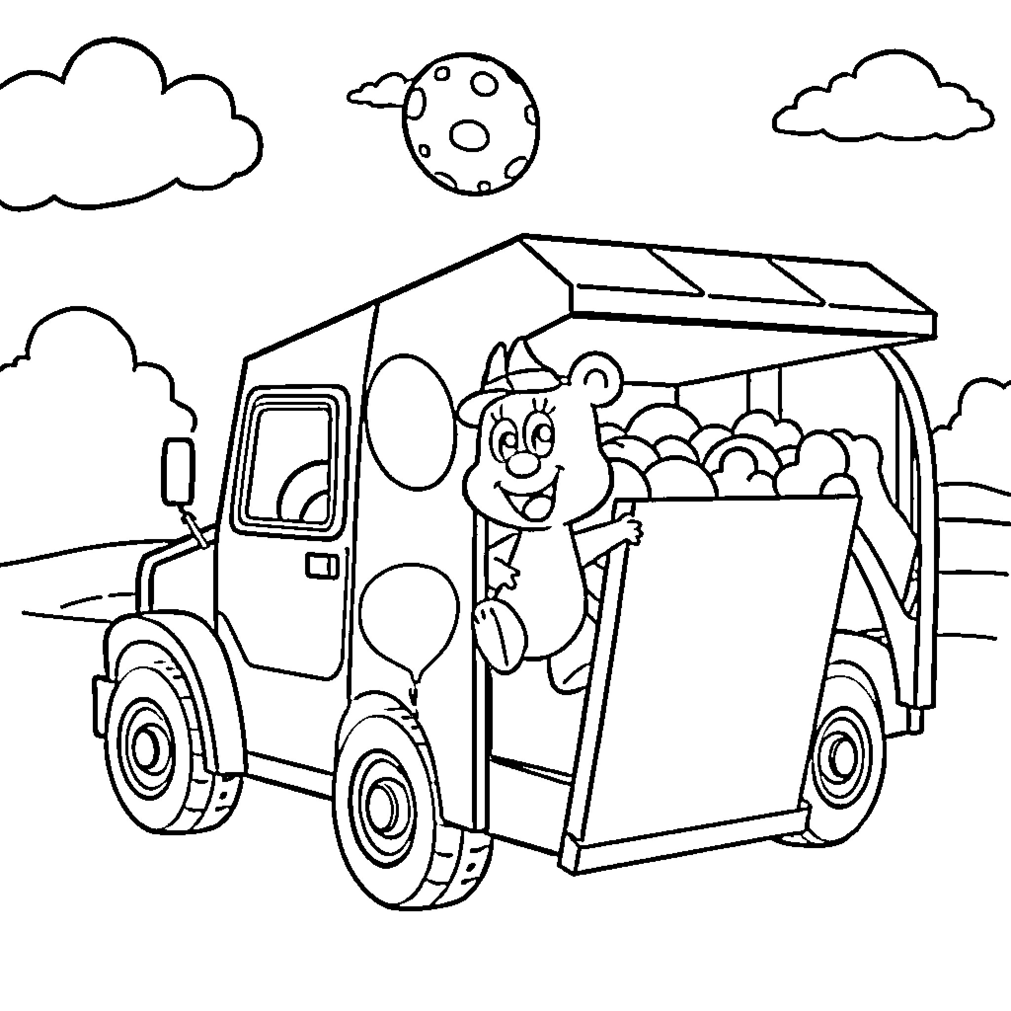 Bingo fun with the ice cream truck Coloring Page (free black-and-white line drawing printable PDF for all, from beginners to advanced learners, including children, teens, adults, and seniors)