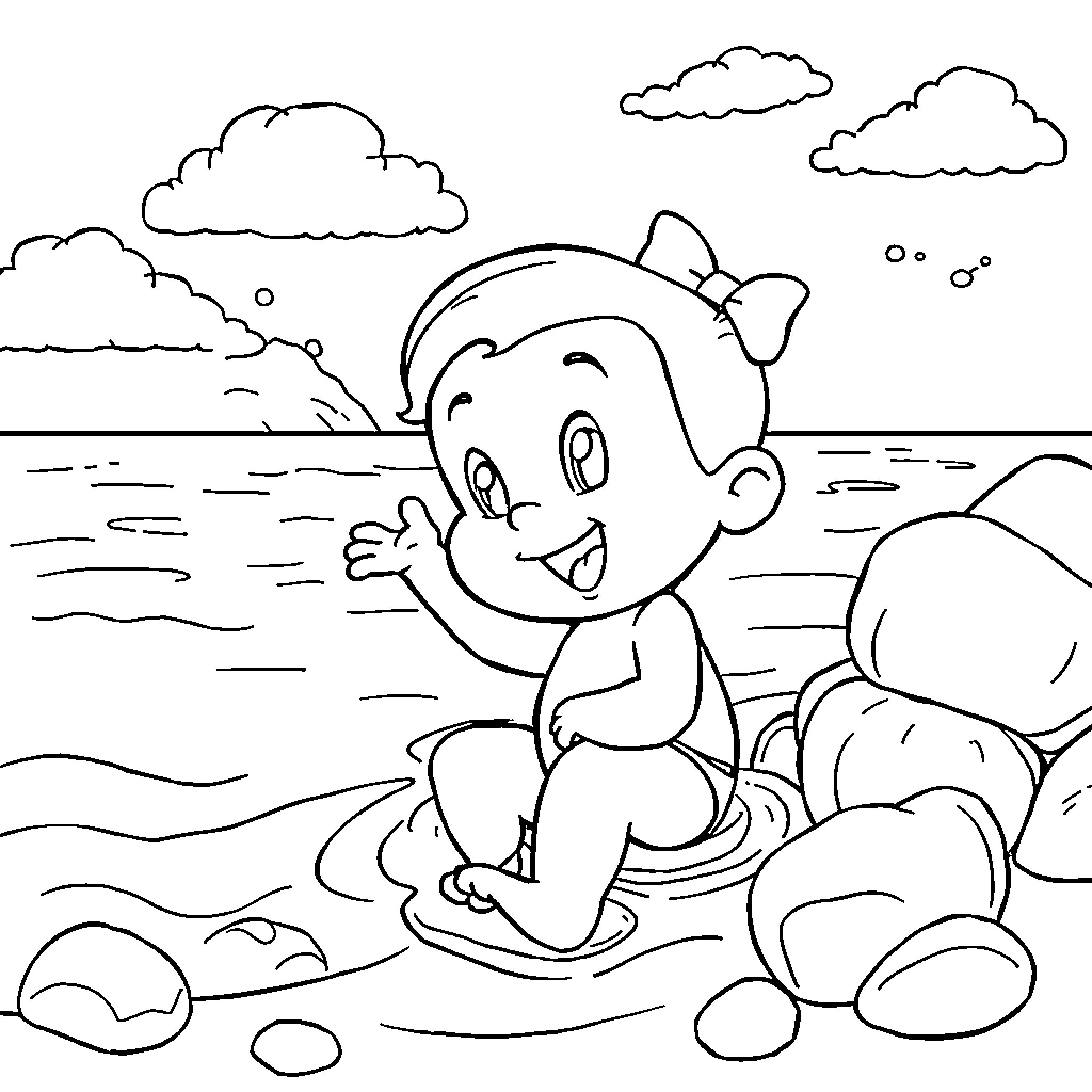 Scrooge enjoying a day at the beach Coloring Page (free black-and-white line drawing printable PDF for all, from beginners to advanced learners, including children, teens, adults, and seniors)