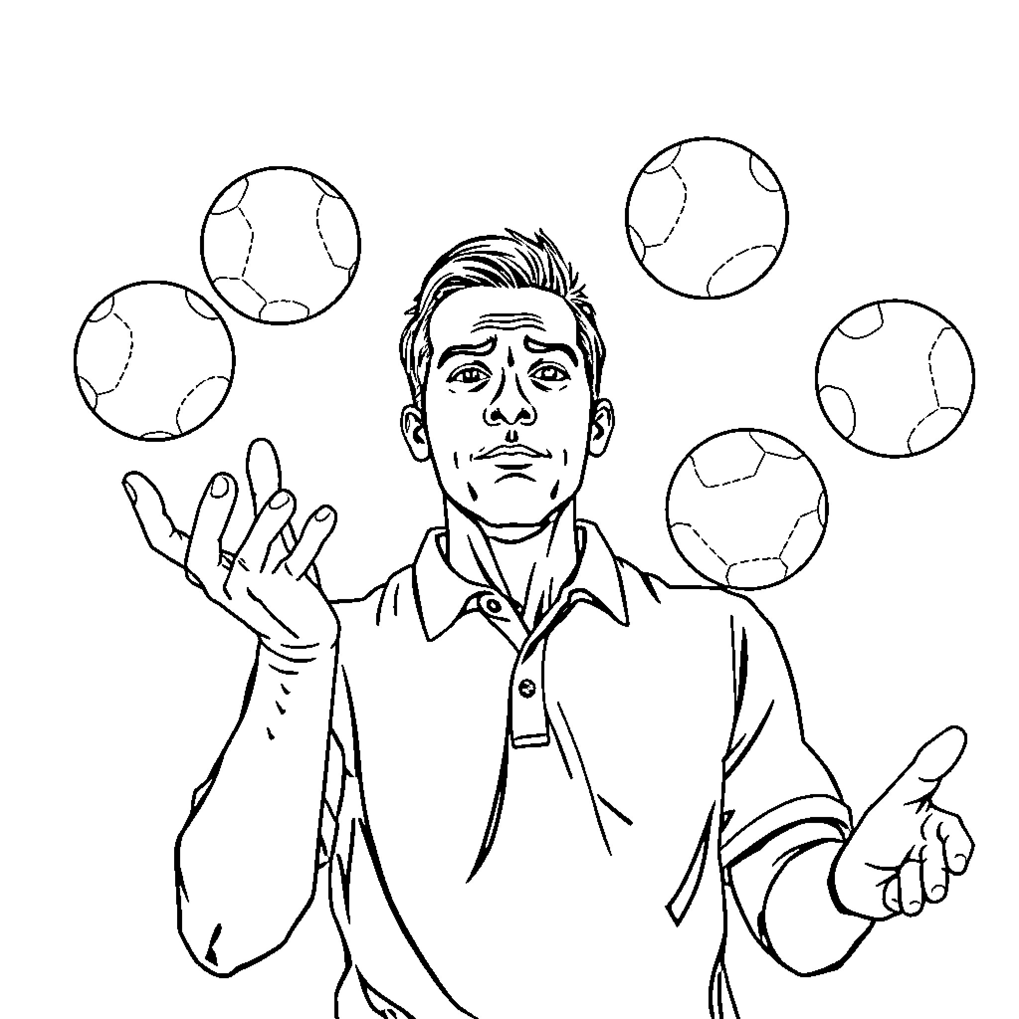 Man juggling soccer balls with concentration Coloring Page (free black-and-white line drawing printable PDF for all, from beginners to advanced learners, including children, teens, adults, and seniors)