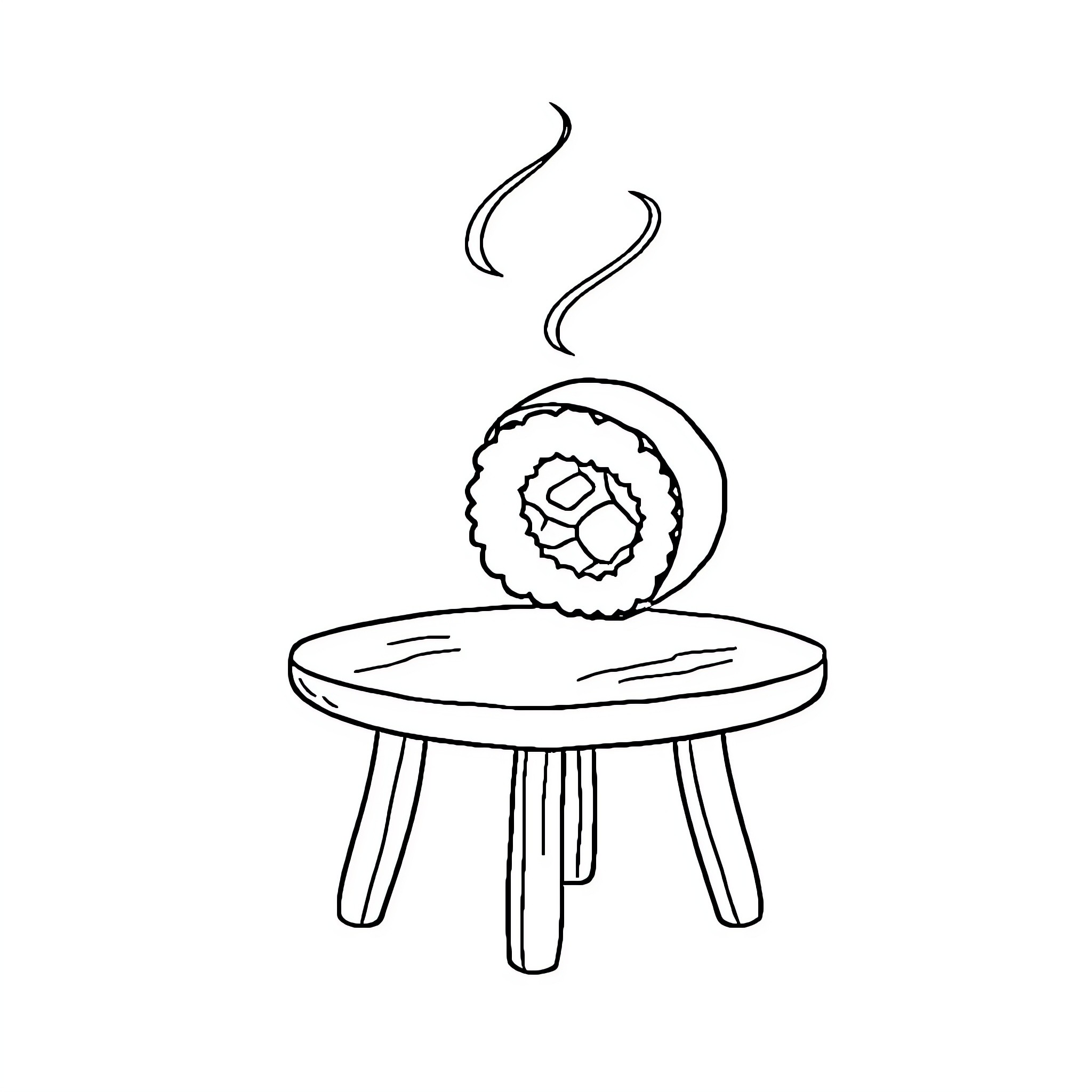 Sushi served steaming hot on wooden table Coloring Page (free black-and-white line drawing printable PDF for all, from beginners to advanced learners, including children, teens, adults, and seniors)