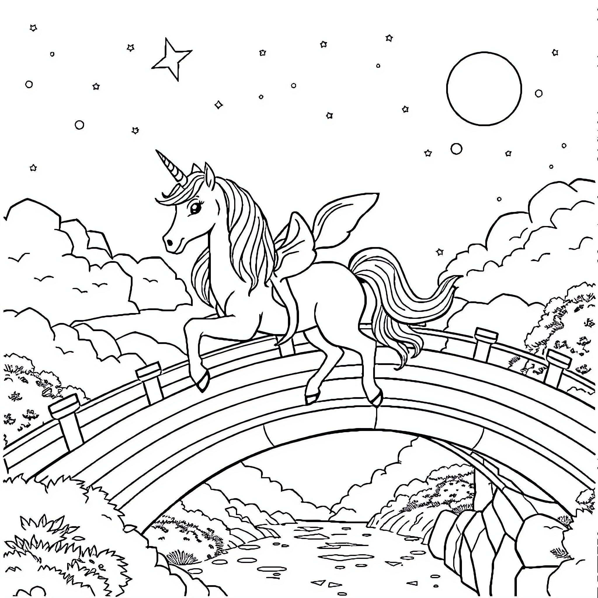 ET Unicorn Crossing Magical Bridge in Enchanted Forest Coloring Page (free black-and-white line drawing printable PDF for all, from beginners to advanced learners, including children, teens, adults, and seniors)