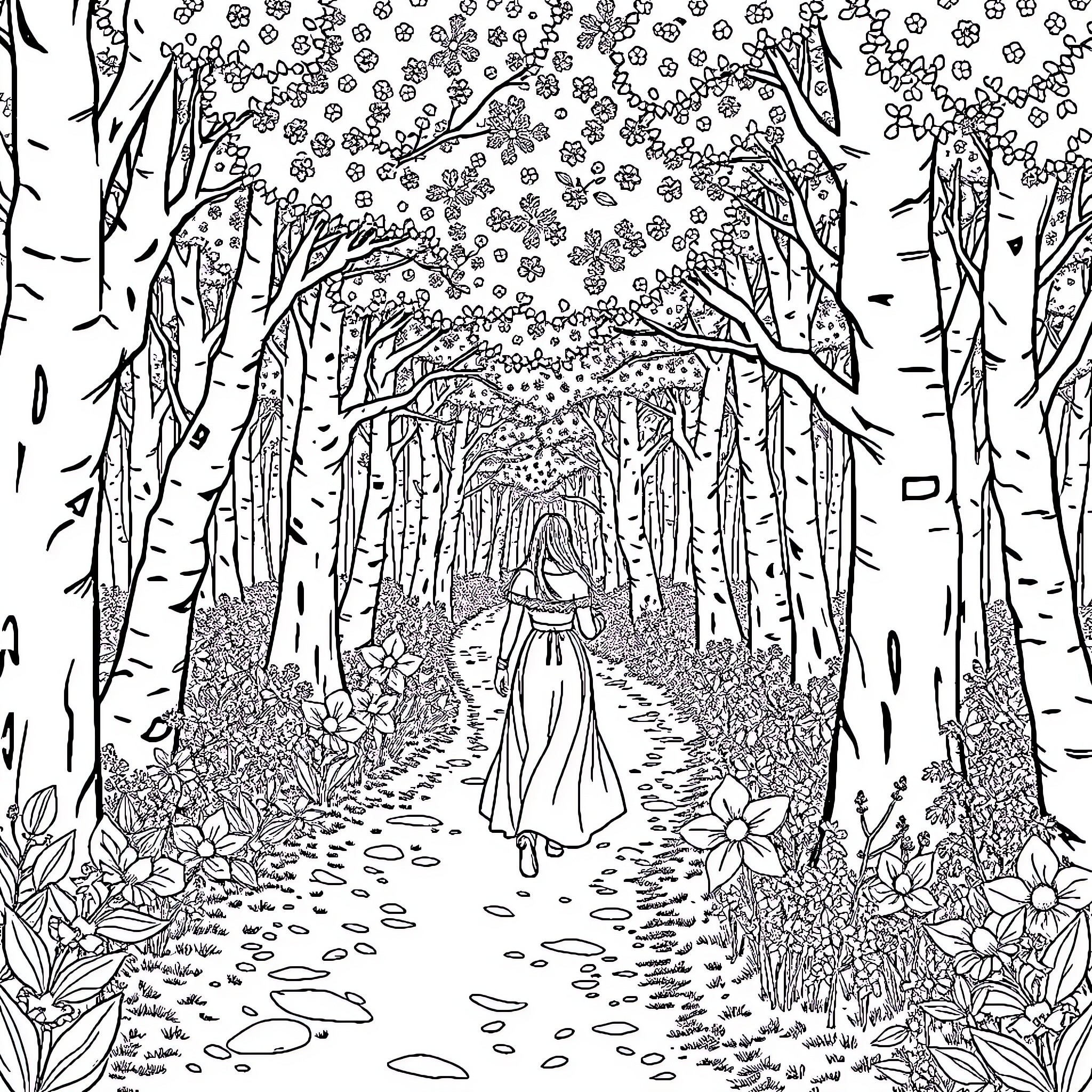 Snow White's Enchanted Forest Adventure Coloring Page (free black-and-white line drawing printable PDF for all, from beginners to advanced learners, including children, teens, adults, and seniors)