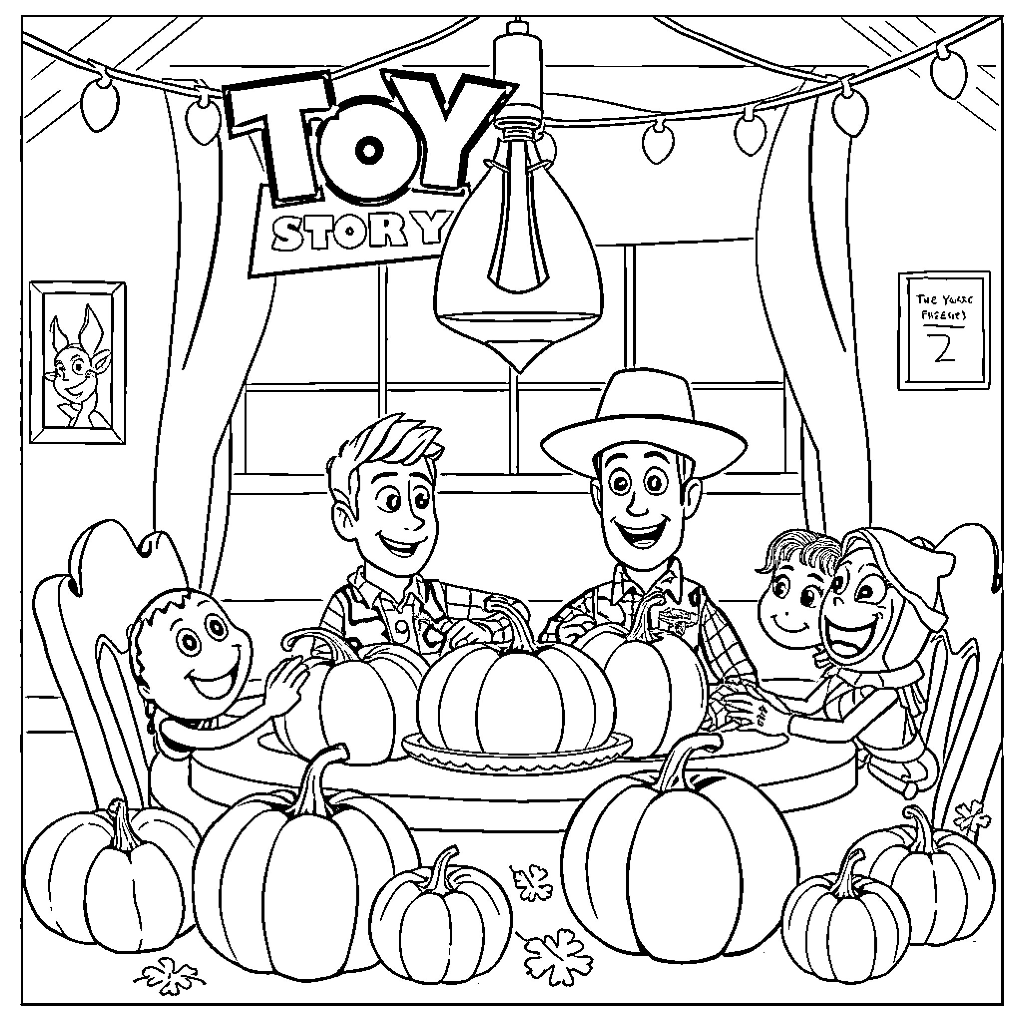 Toy Story Characters Celebrate Harvest Festival Coloring Page (free black-and-white line drawing printable PDF for all, from beginners to advanced learners, including children, teens, adults, and seniors)
