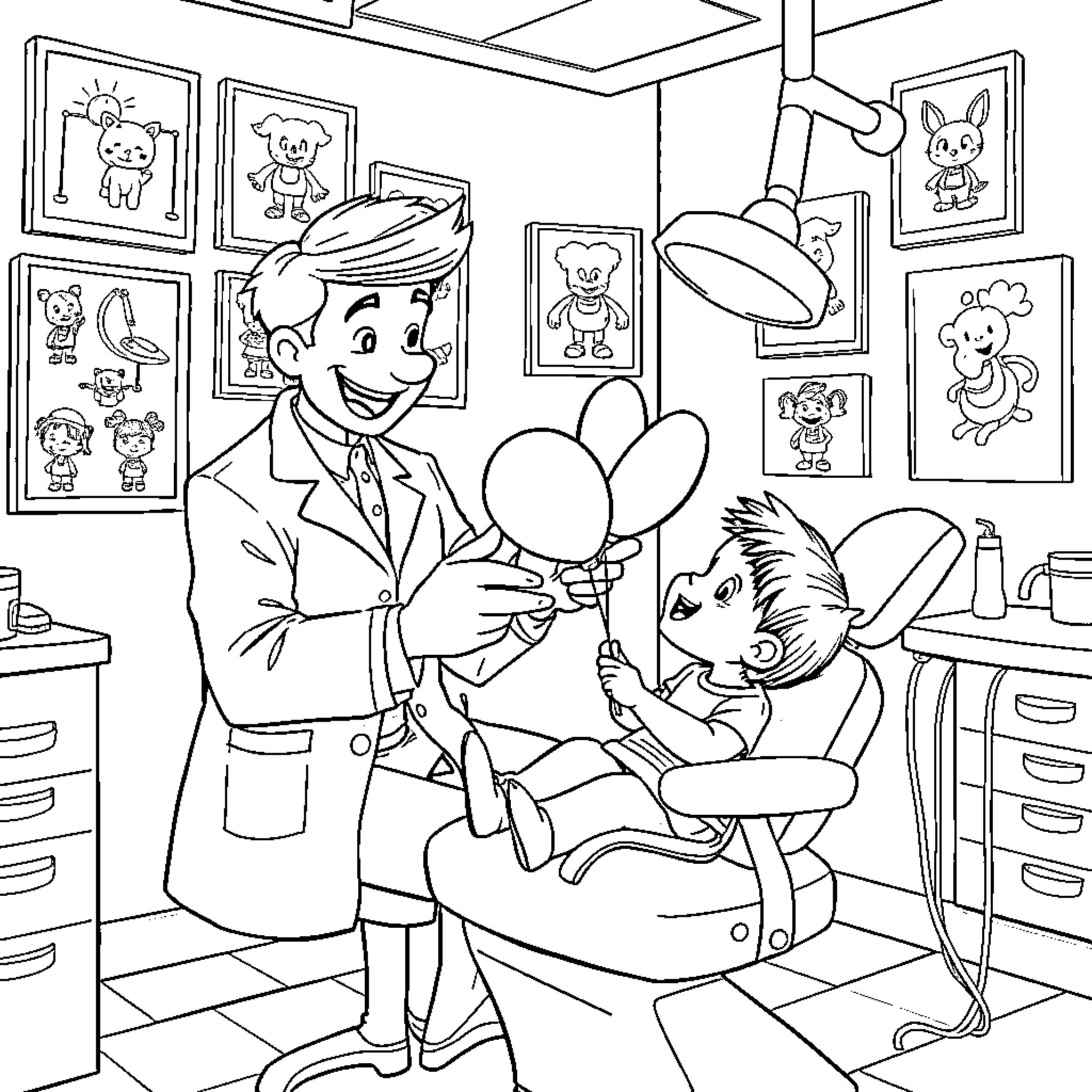 Dentist examining and treating patient with care Coloring Page (free black-and-white line drawing printable PDF for all, from beginners to advanced learners, including children, teens, adults, and seniors)