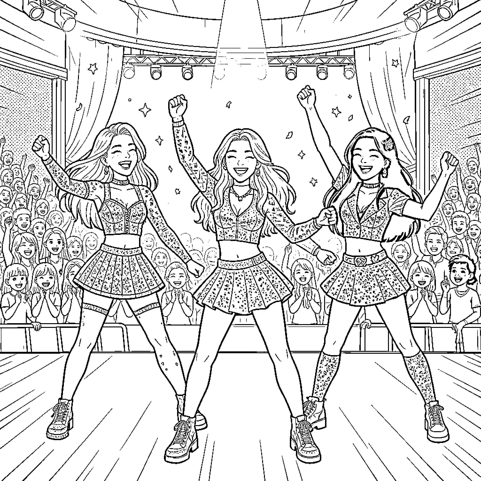 Kpop Warriors Dance on Stage Coloring Page (free black-and-white line drawing printable PDF for all, from beginners to advanced learners, including children, teens, adults, and seniors)