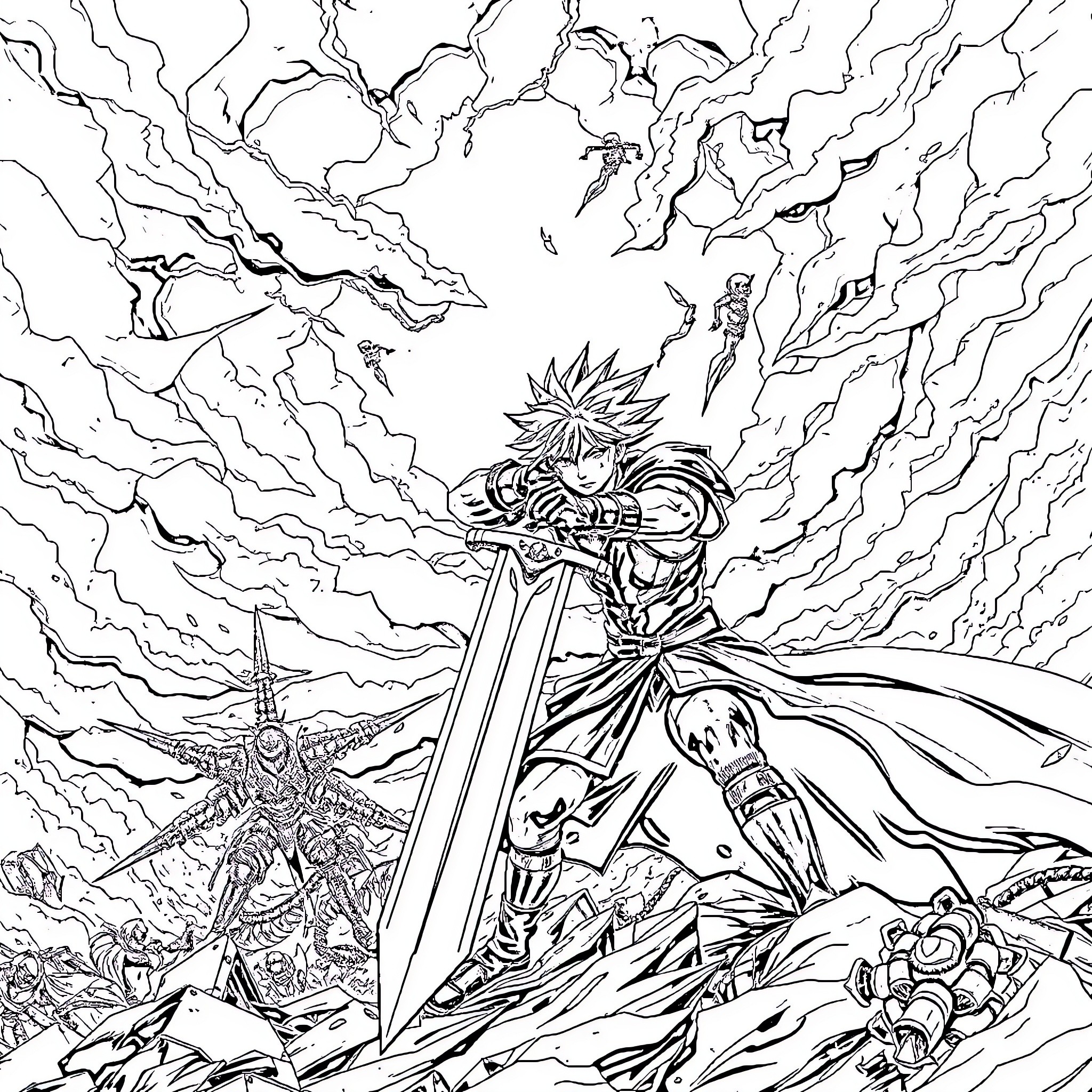 Cloud Strife in an epic battle scene Coloring Page (free black-and-white line drawing printable PDF for all, from beginners to advanced learners, including children, teens, adults, and seniors)
