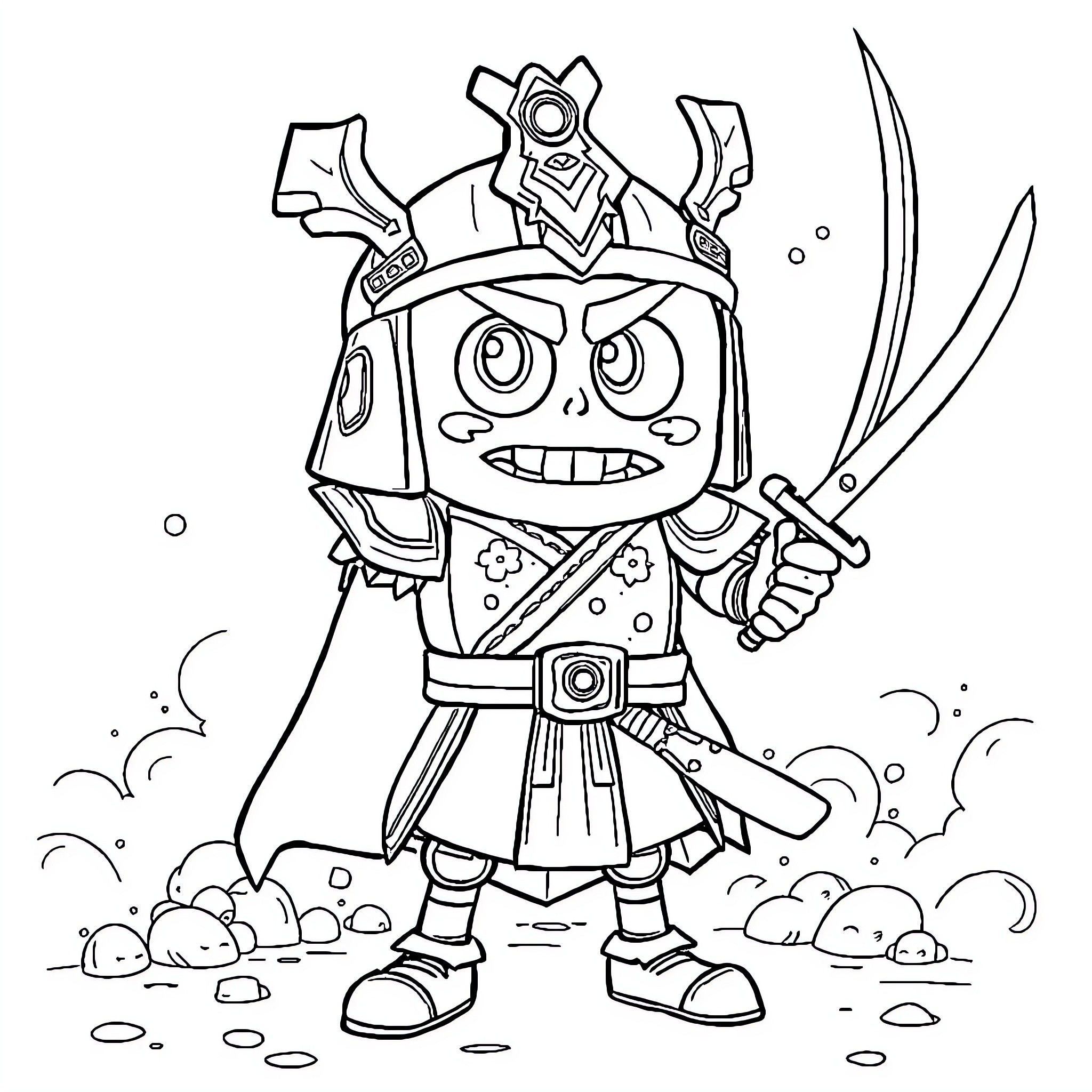 Bob esponja as a fearsome warrior in battle gear Coloring Page (free black-and-white line drawing printable PDF for all, from beginners to advanced learners, including children, teens, adults, and seniors)