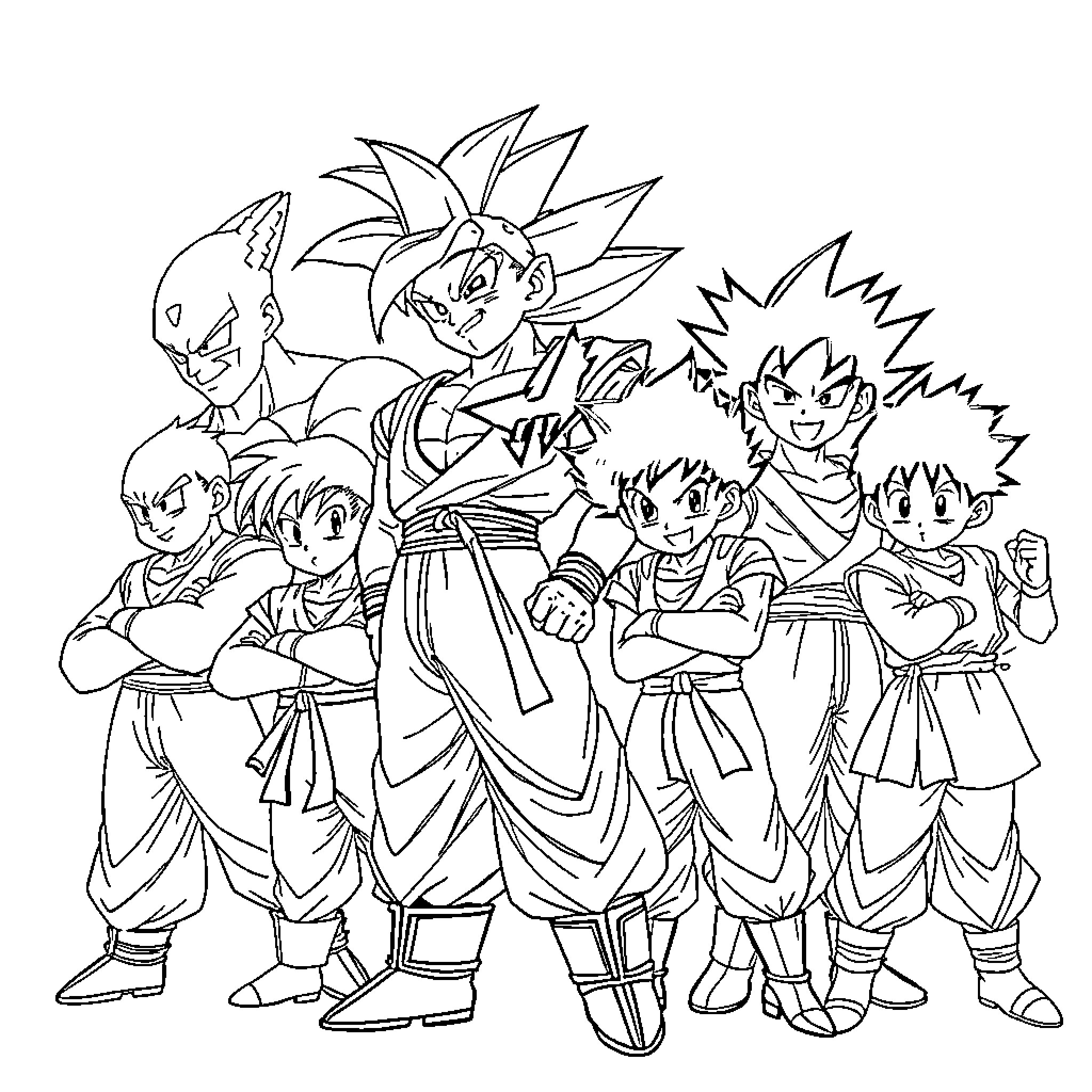 Anime Characters Engaging in Heroic Poses Coloring Page (free black-and-white line drawing printable PDF for all, from beginners to advanced learners, including children, teens, adults, and seniors)