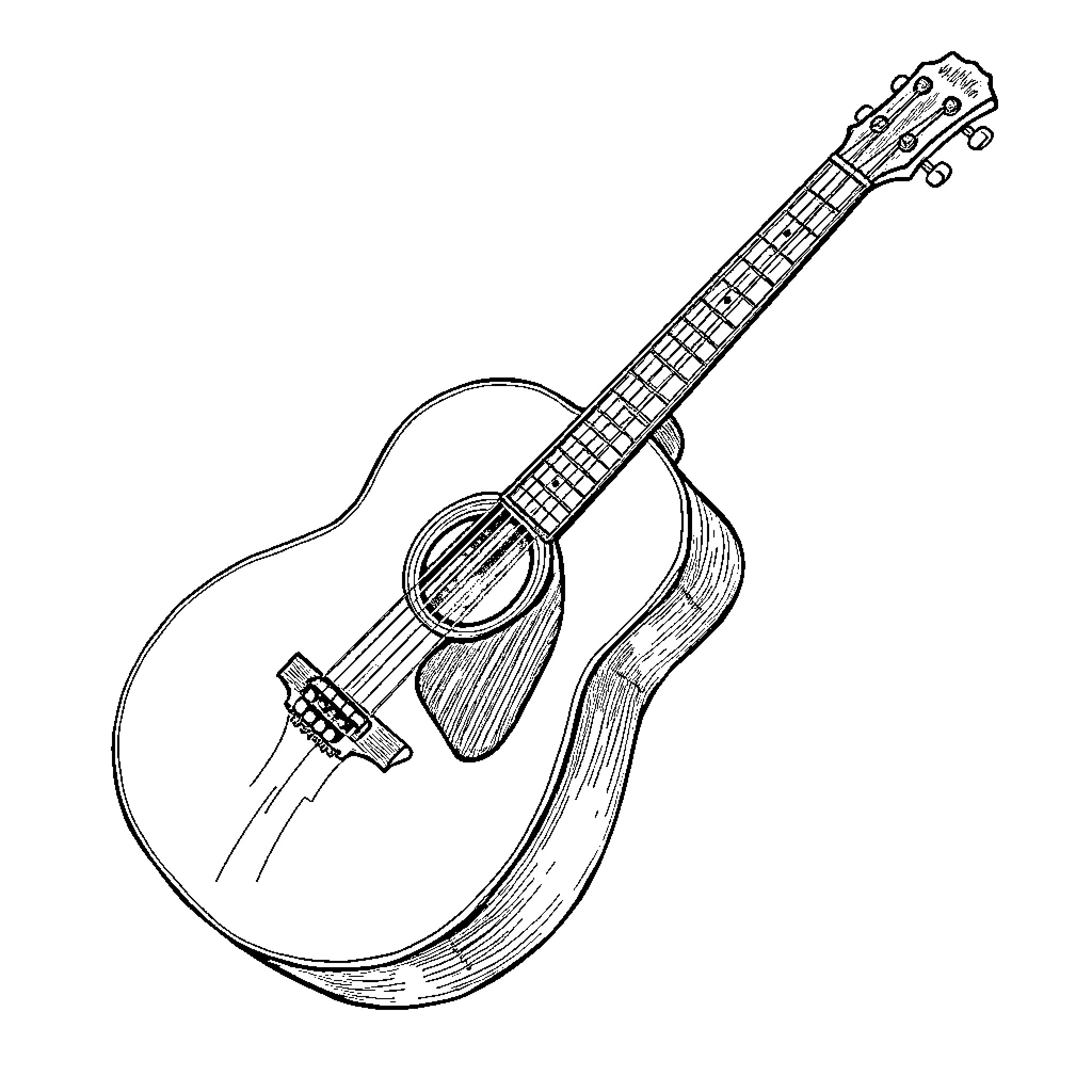 Guitar sketch with artistic detailing Coloring Page (free black-and-white line drawing printable PDF for all, from beginners to advanced learners, including children, teens, adults, and seniors)