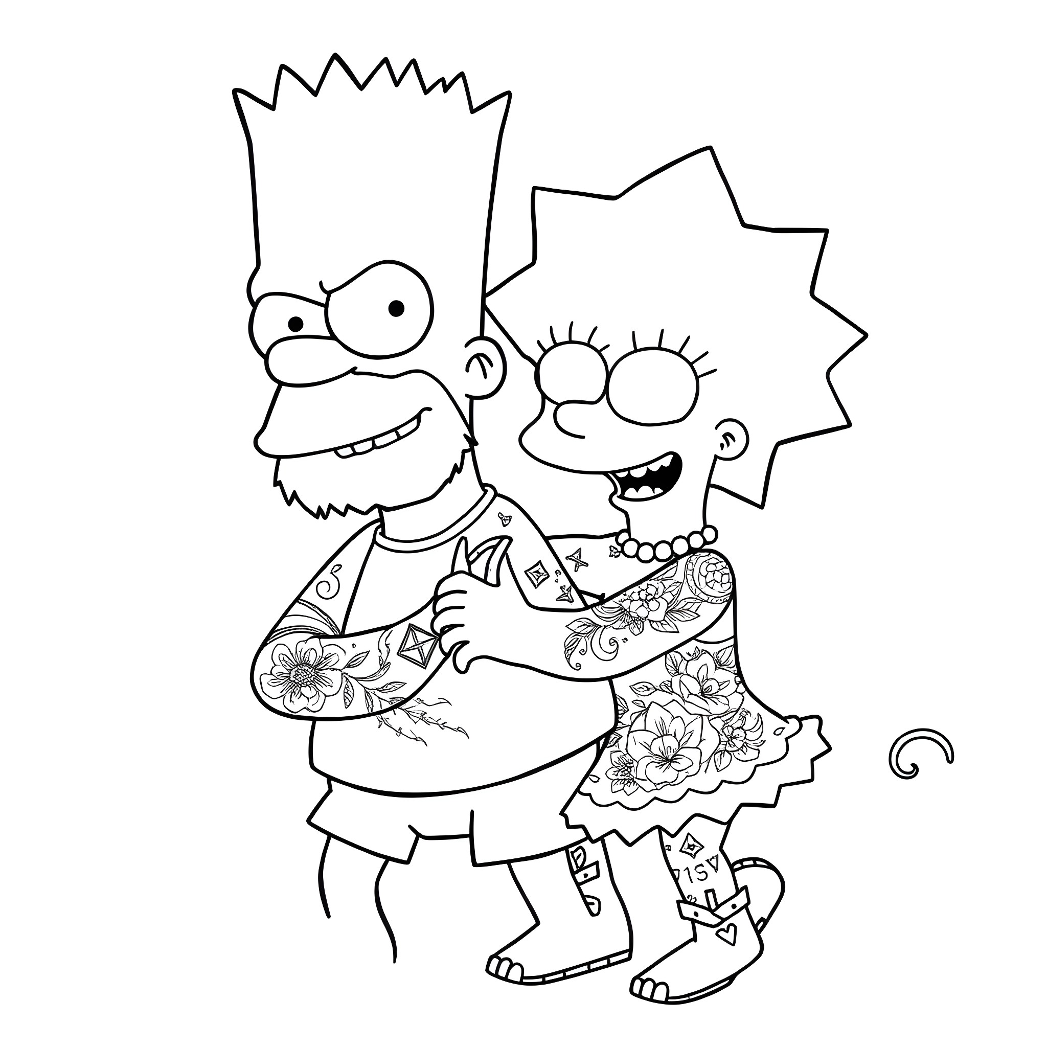 Bart Simpson and Lisa Simpson in Casual Outfits Coloring Page (free black-and-white line drawing printable PDF for all, from beginners to advanced learners, including children, teens, adults, and seniors)