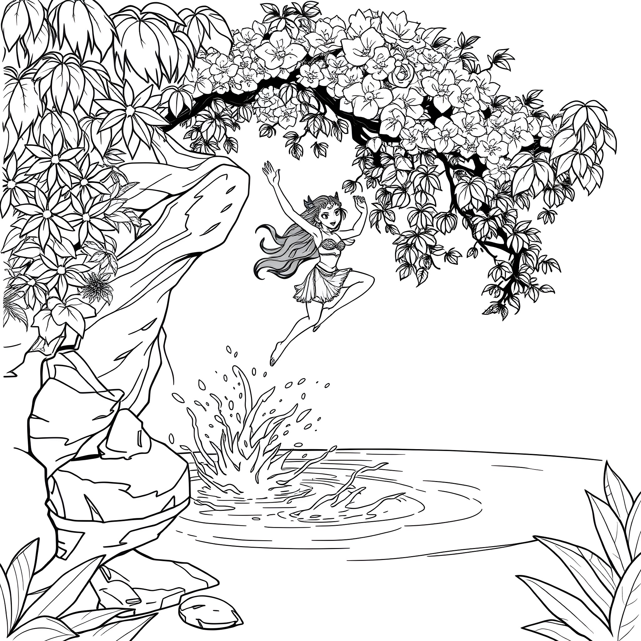 Korra playing in a magical floral landscape Coloring Page (free black-and-white line drawing printable PDF for all, from beginners to advanced learners, including children, teens, adults, and seniors)
