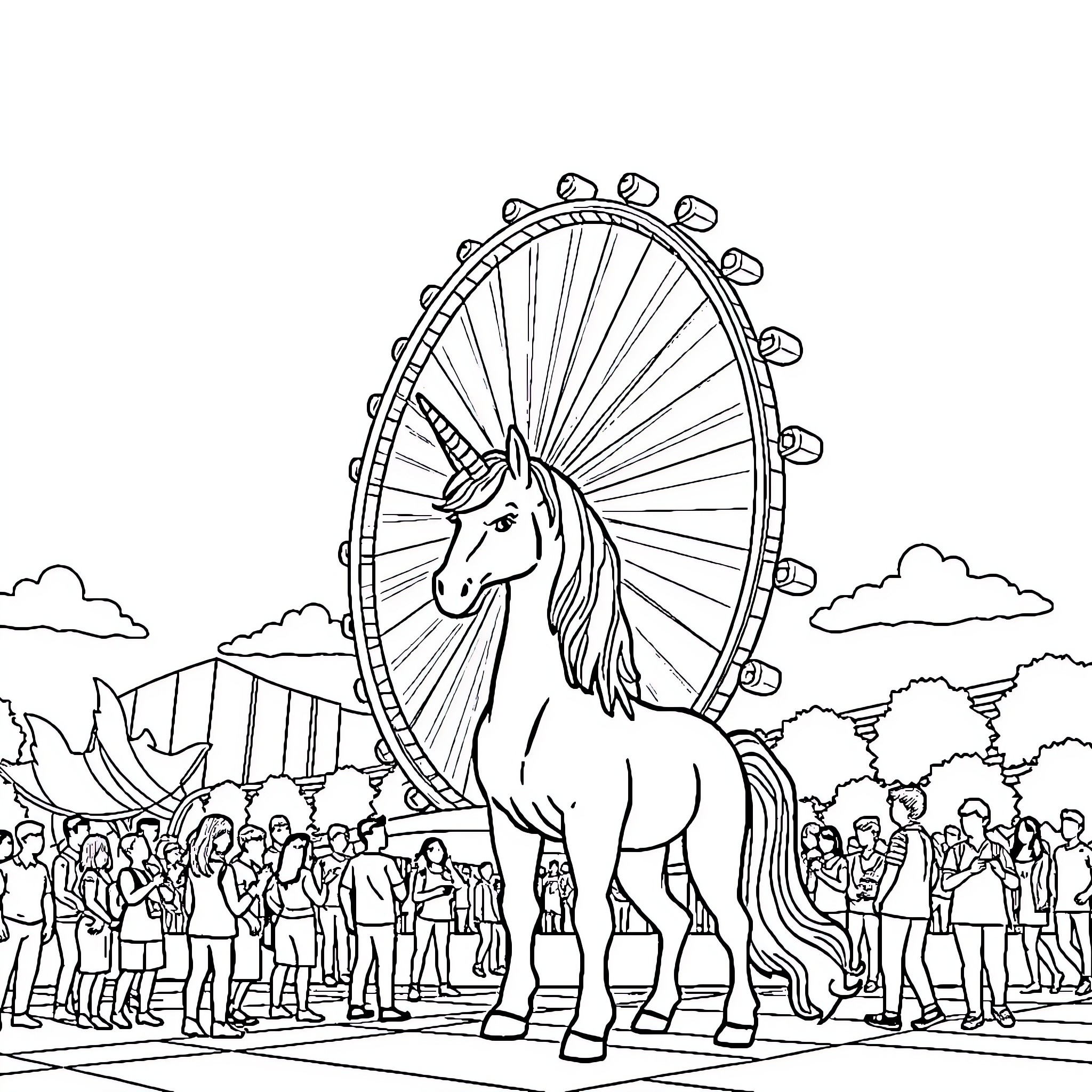 Unicorn at the Amusement Park Ferris Wheel Coloring Page (free black-and-white line drawing printable PDF for all, from beginners to advanced learners, including children, teens, adults, and seniors)