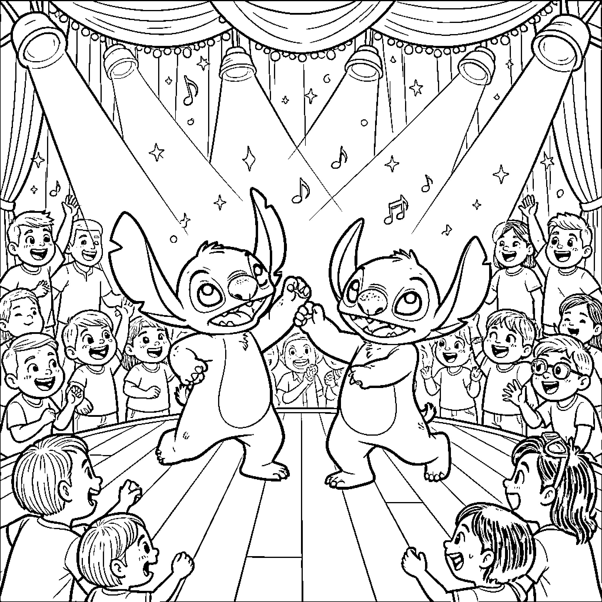 Lilo and Stitch characters dancing happily on a stage Coloring Page (free black-and-white line drawing printable PDF for all, from beginners to advanced learners, including children, teens, adults, and seniors)