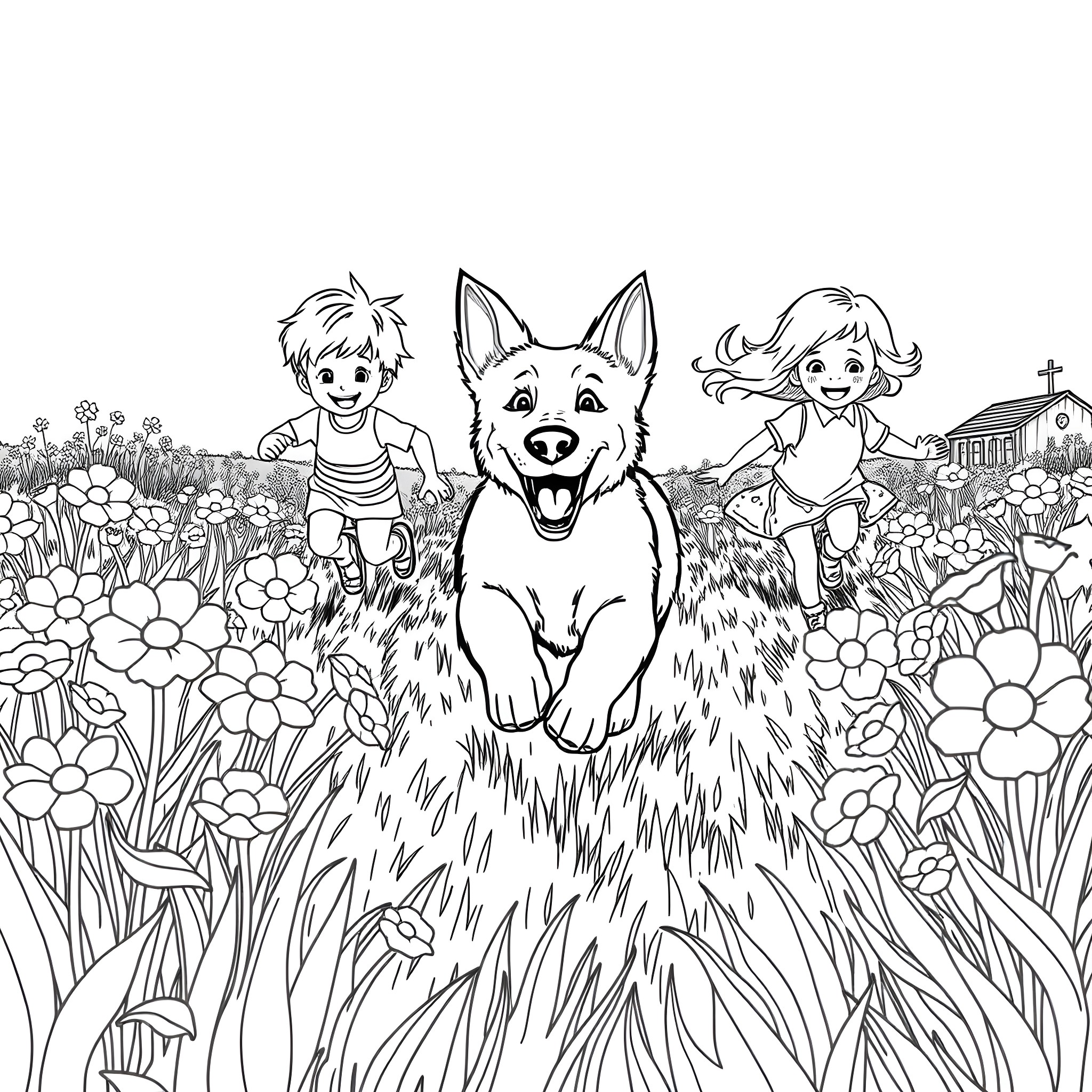 Dog and children playing happily in the meadow Coloring Page (free black-and-white line drawing printable PDF for all, from beginners to advanced learners, including children, teens, adults, and seniors)