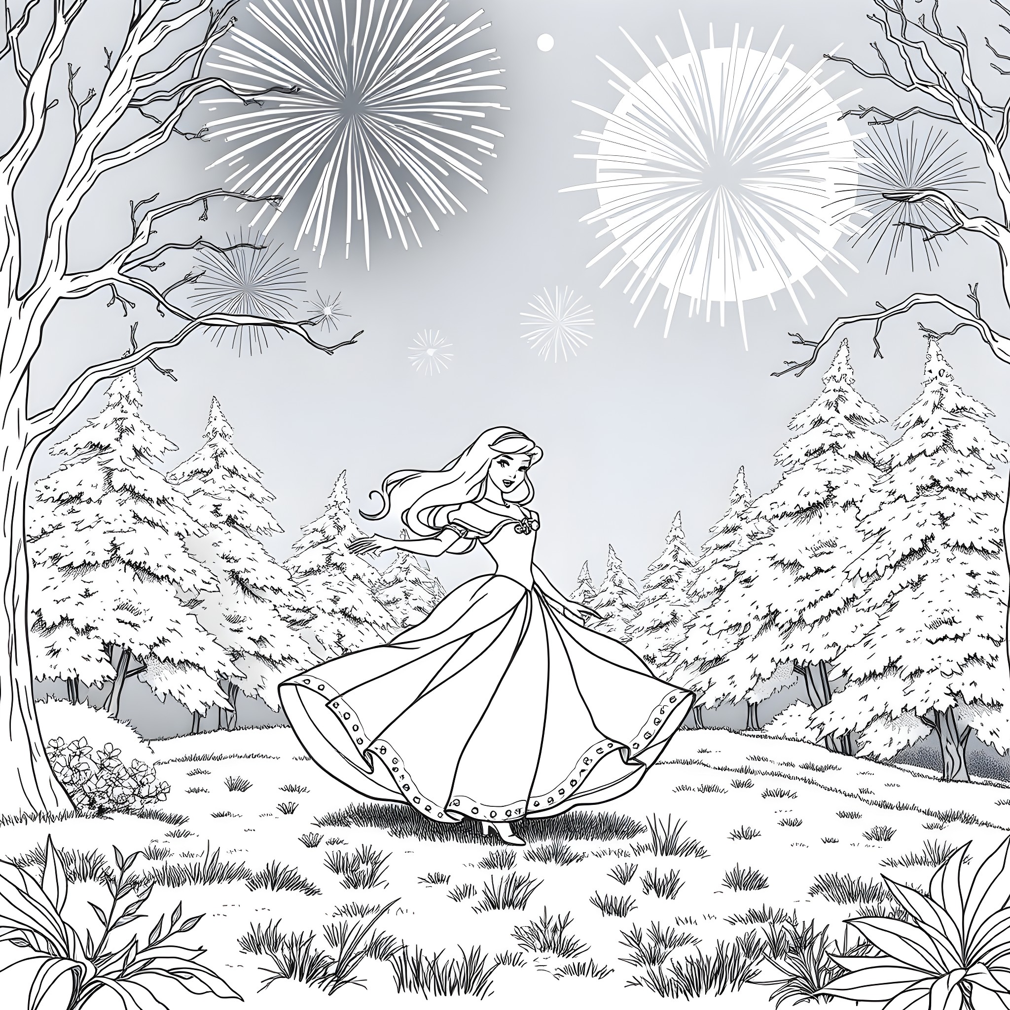 Sleeping Beauty dancing in the winter wonderland Coloring Page (free black-and-white line drawing printable PDF for all, from beginners to advanced learners, including children, teens, adults, and seniors)