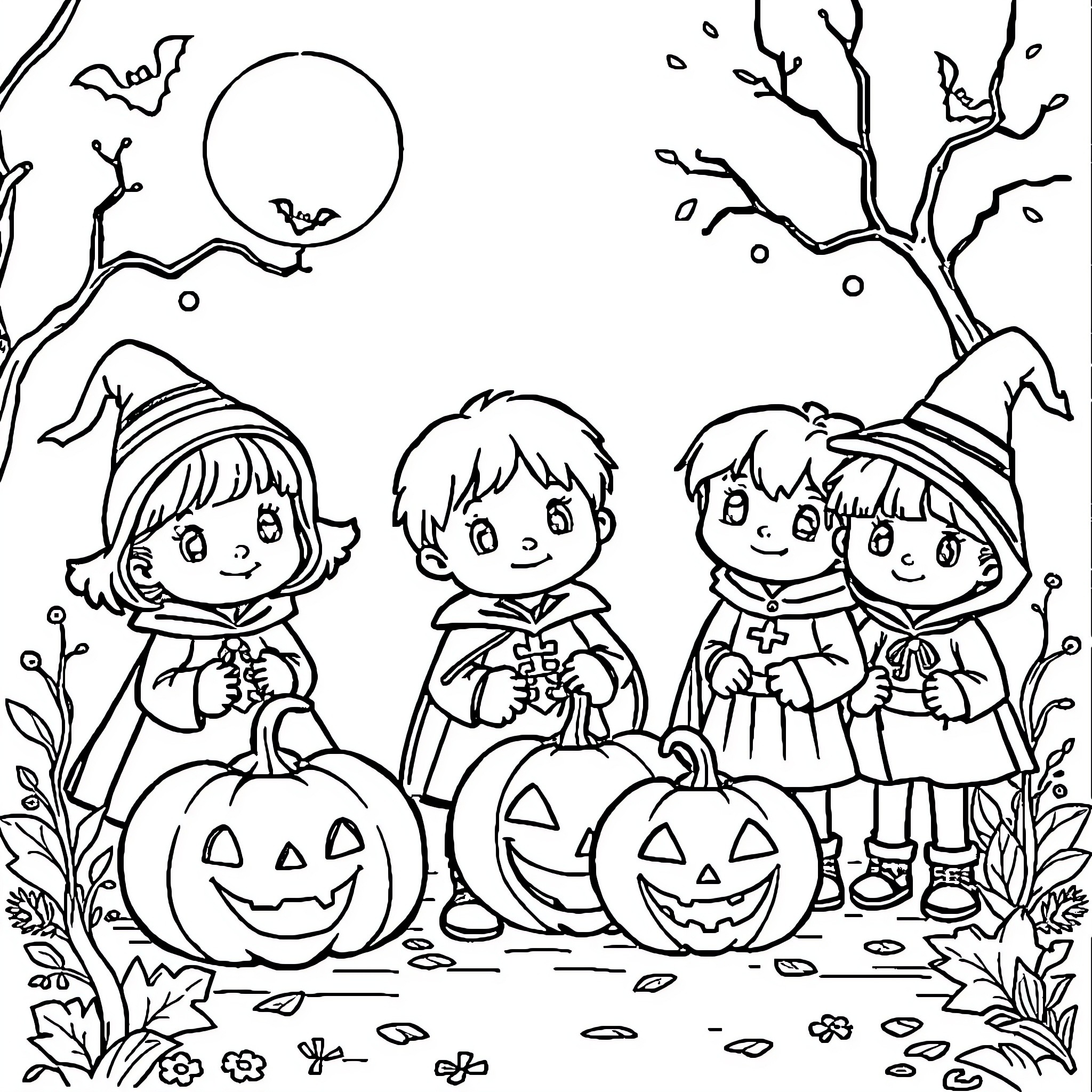 Halloween children trick-or-treating with carved pumpkins Coloring Page (free black-and-white line drawing printable PDF for all, from beginners to advanced learners, including children, teens, adults, and seniors)