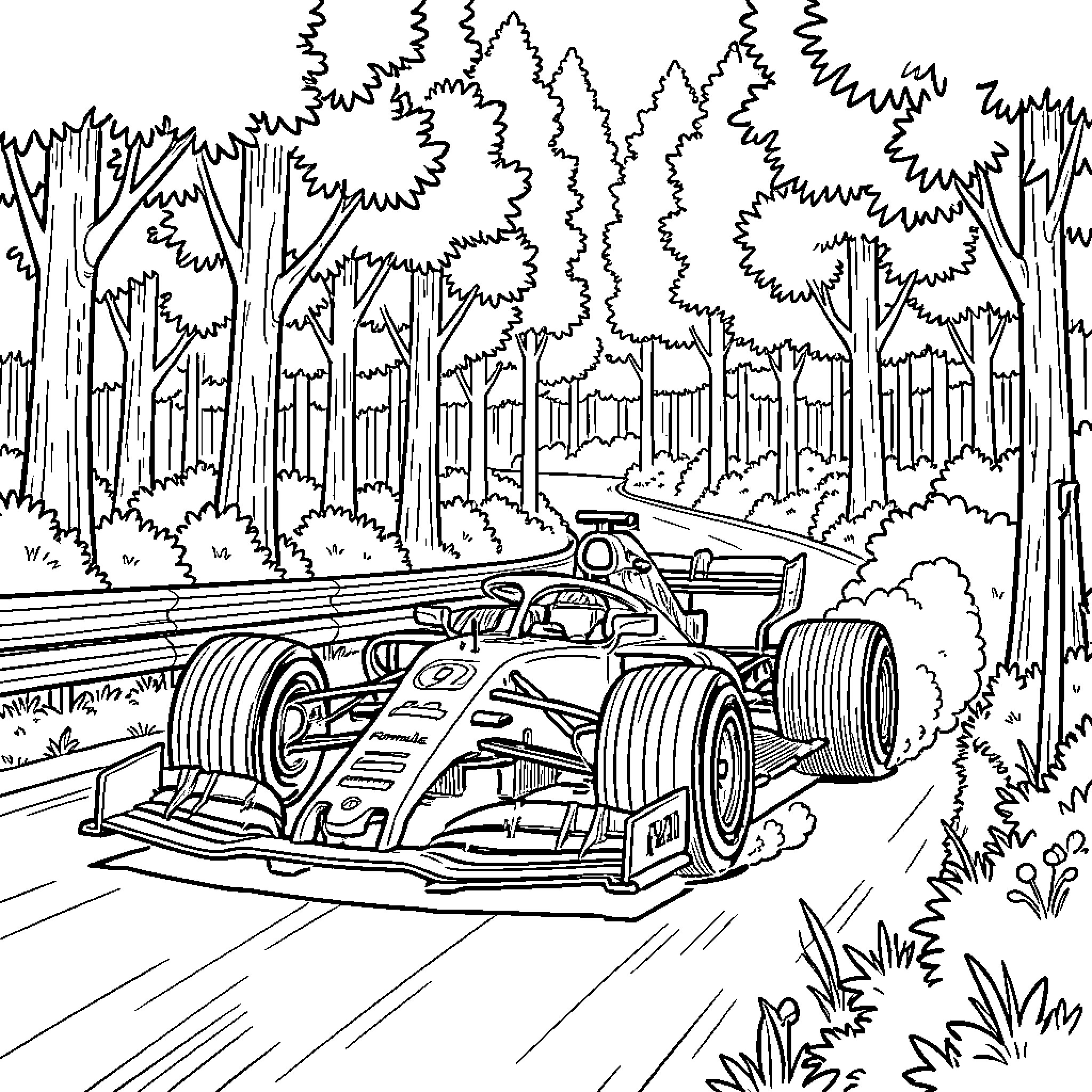 Formula 1 race car speeding through a forest track Coloring Page (free black-and-white line drawing printable PDF for all, from beginners to advanced learners, including children, teens, adults, and seniors)