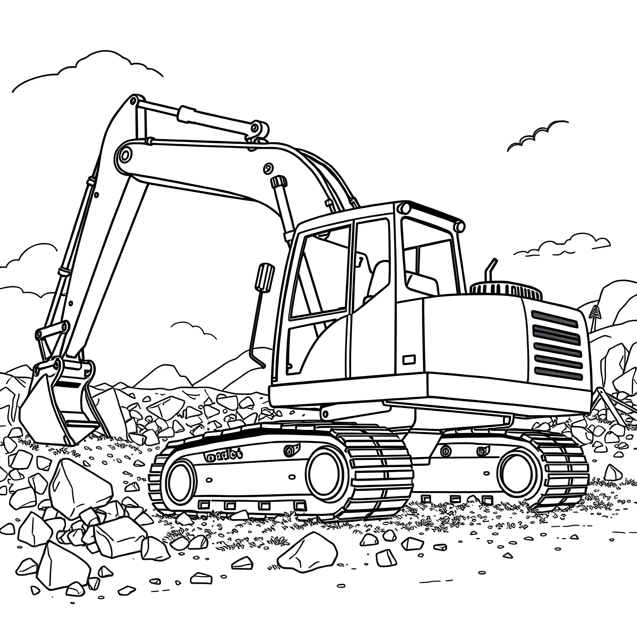 Excavator digging through rocky terrain Coloring Page (free black-and-white line drawing printable PDF for all, from beginners to advanced learners, including children, teens, adults, and seniors)
