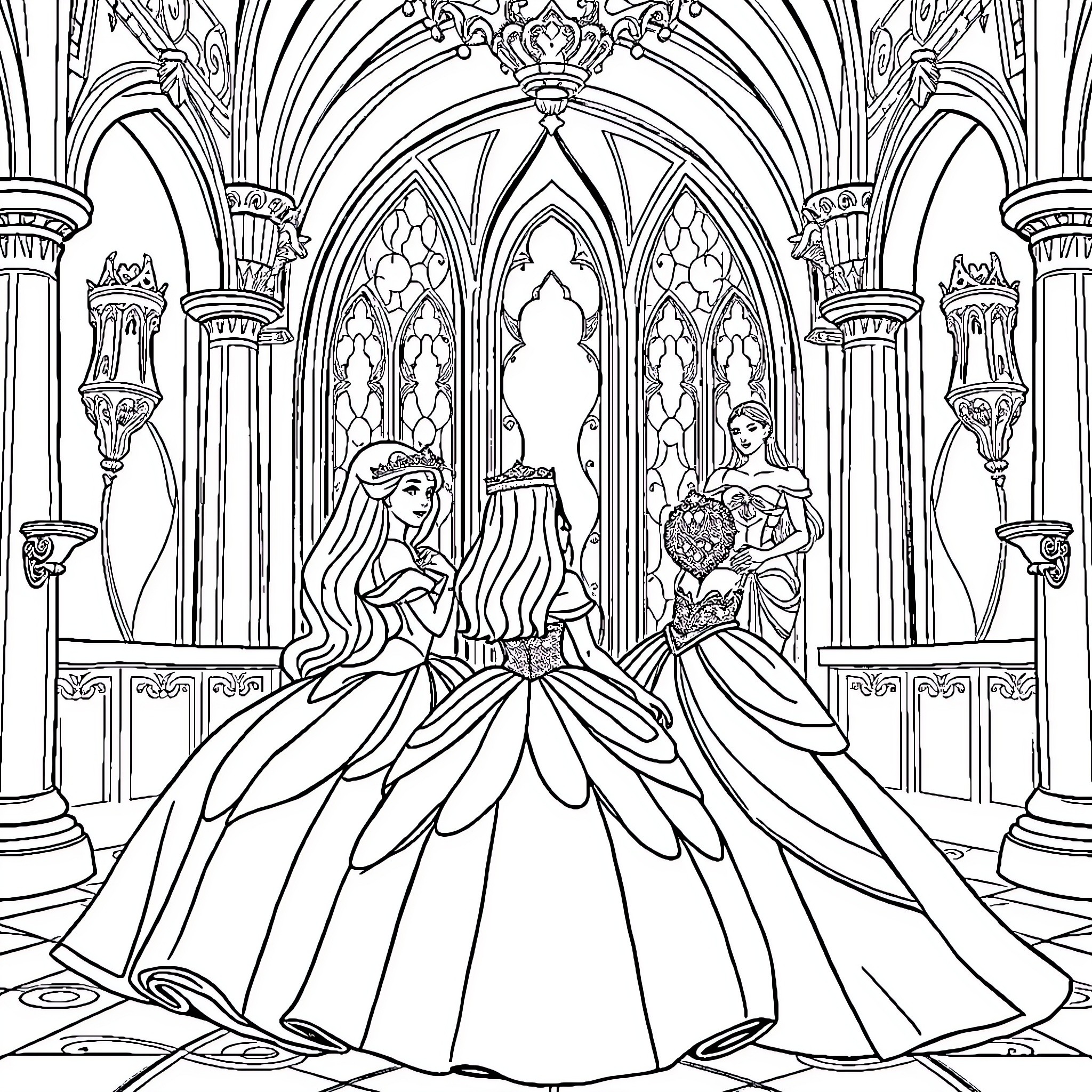Princess Dresses and Grandiose Palace Interior Coloring Page (free black-and-white line drawing printable PDF for all, from beginners to advanced learners, including children, teens, adults, and seniors)