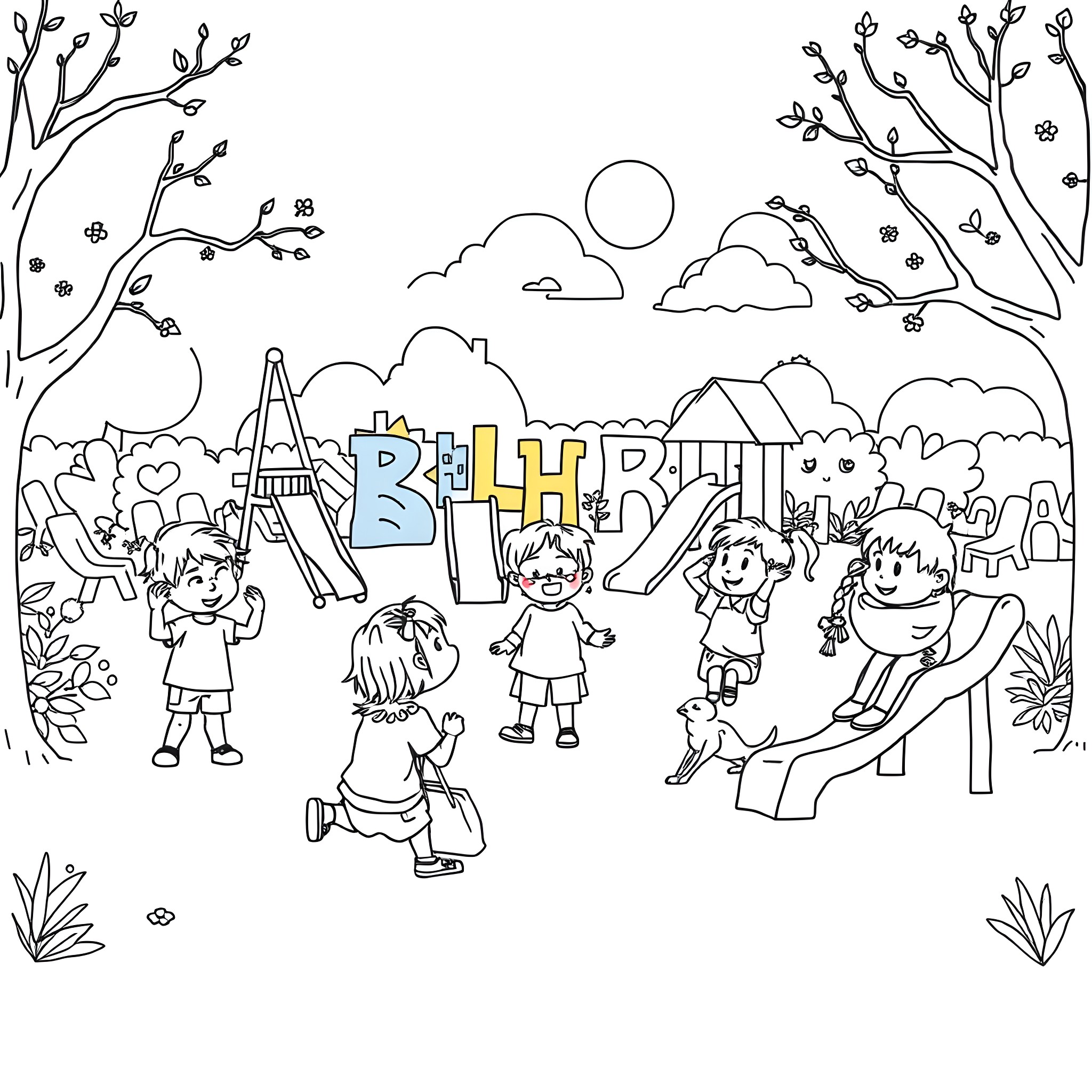 Recess time at the school playground Coloring Page (free black-and-white line drawing printable PDF for all, from beginners to advanced learners, including children, teens, adults, and seniors)
