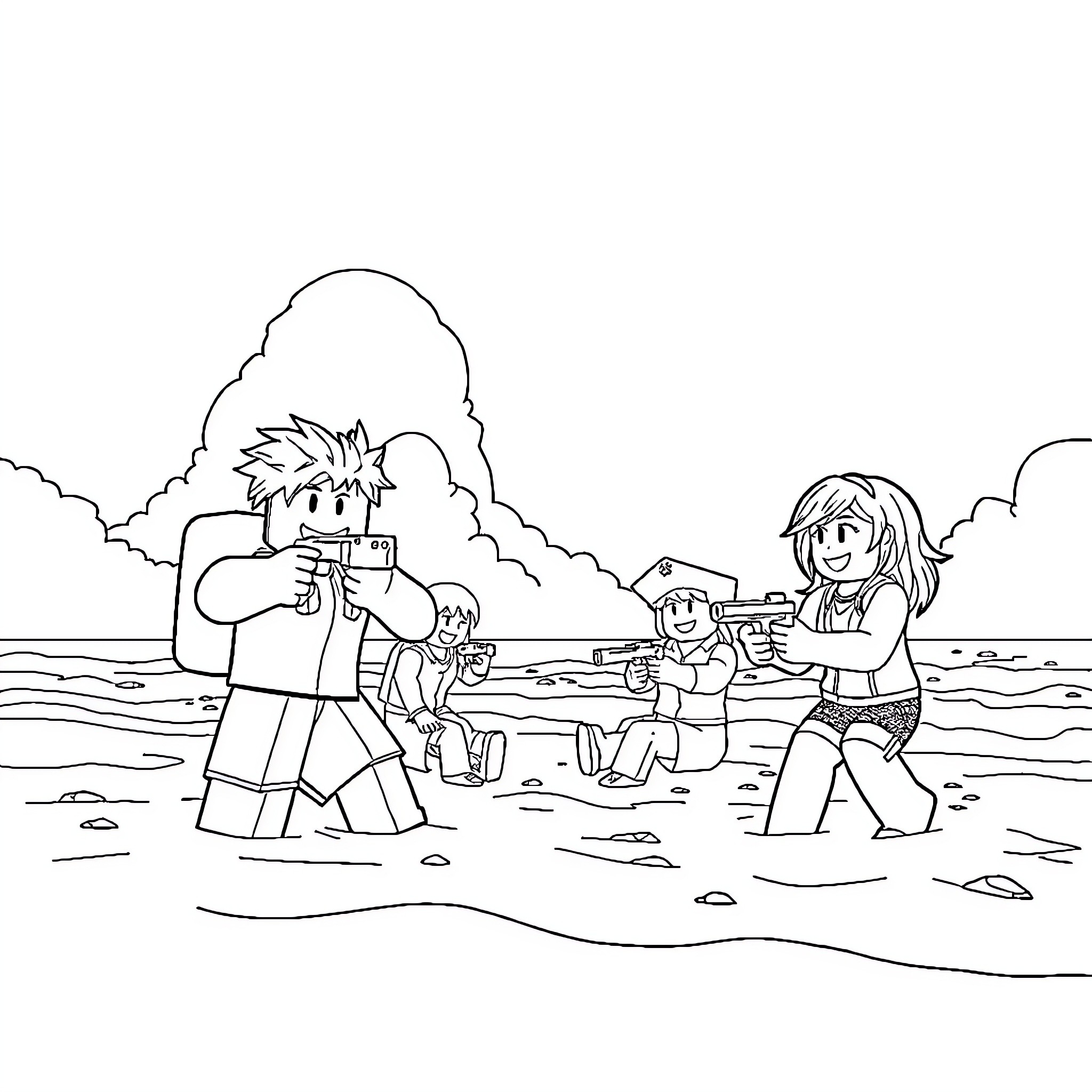 Roblox characters enjoying a day at the beach Coloring Page (free black-and-white line drawing printable PDF for all, from beginners to advanced learners, including children, teens, adults, and seniors)