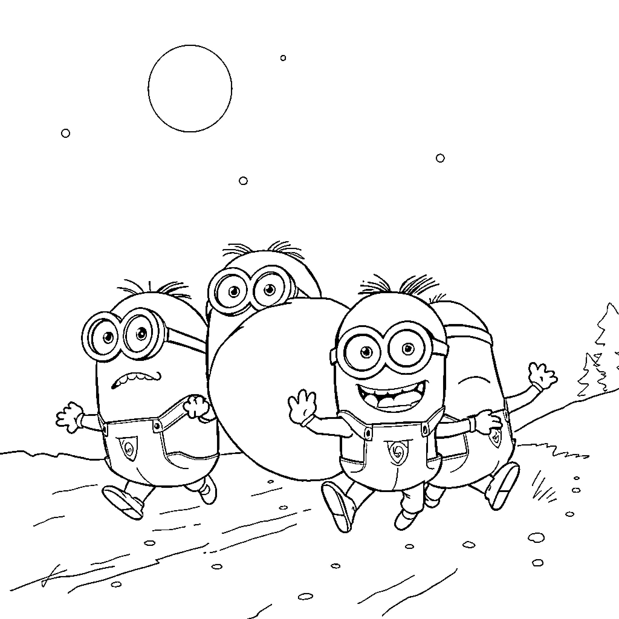 Minions running and playing in the countryside Coloring Page (free black-and-white line drawing printable PDF for all, from beginners to advanced learners, including children, teens, adults, and seniors)