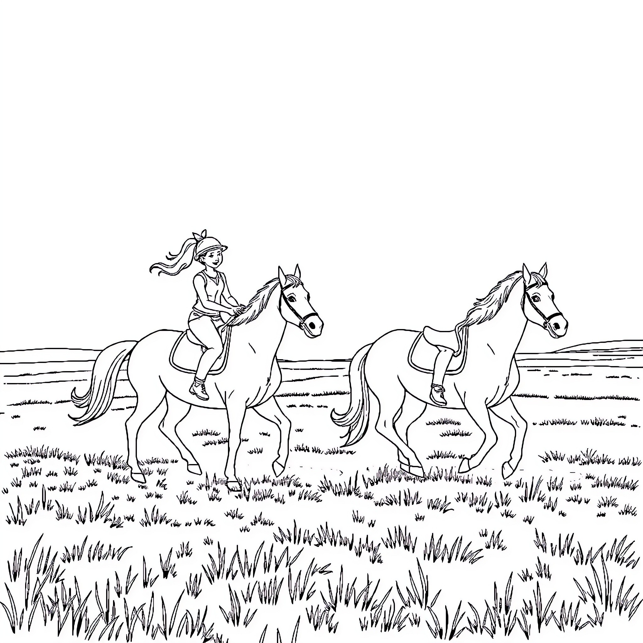 Horse riders exploring the open field Coloring Page (free black-and-white line drawing printable PDF for all, from beginners to advanced learners, including children, teens, adults, and seniors)