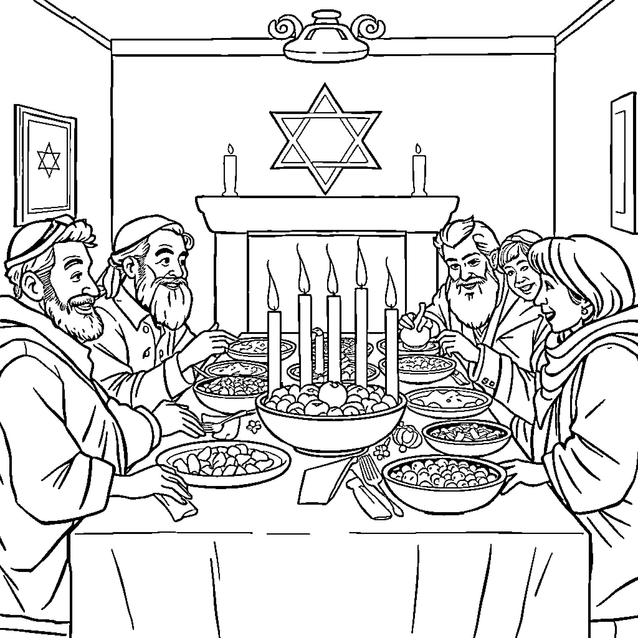 Family celebrating Hanukkah with traditional meal and candles Coloring Page (free black-and-white line drawing printable PDF for all, from beginners to advanced learners, including children, teens, adults, and seniors)