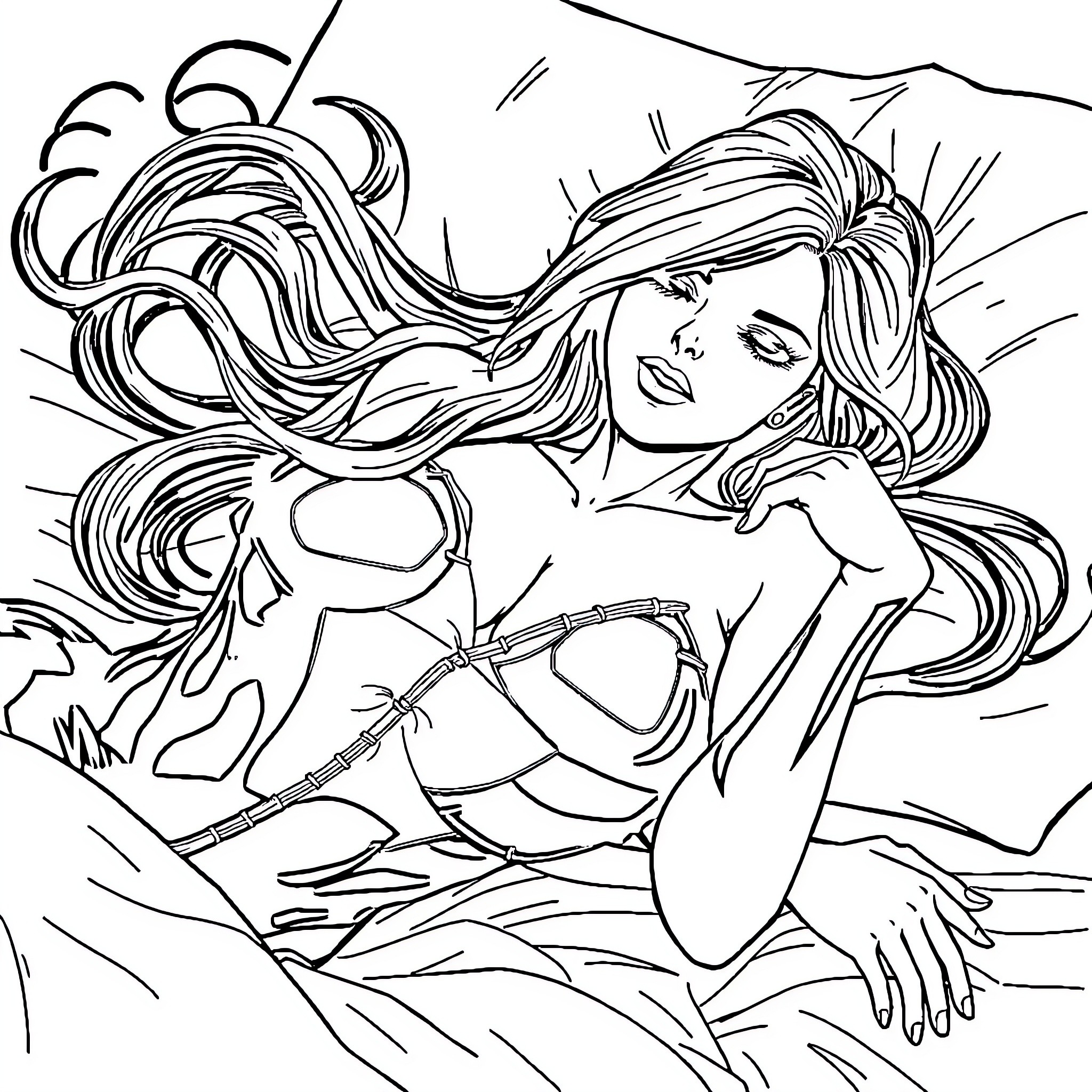 Psylocke in dramatic action pose Coloring Page (free black-and-white line drawing printable PDF for all, from beginners to advanced learners, including children, teens, adults, and seniors)