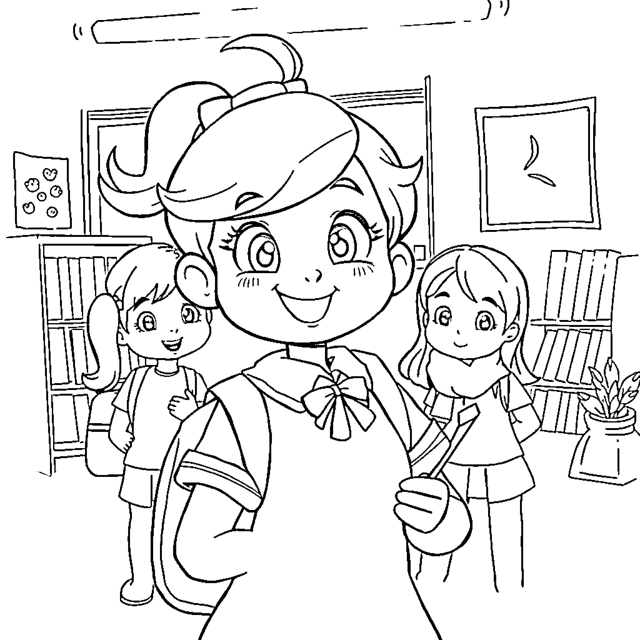 Bluey's Fun School Adventure with Friends Coloring Page (free black-and-white line drawing printable PDF for all, from beginners to advanced learners, including children, teens, adults, and seniors)