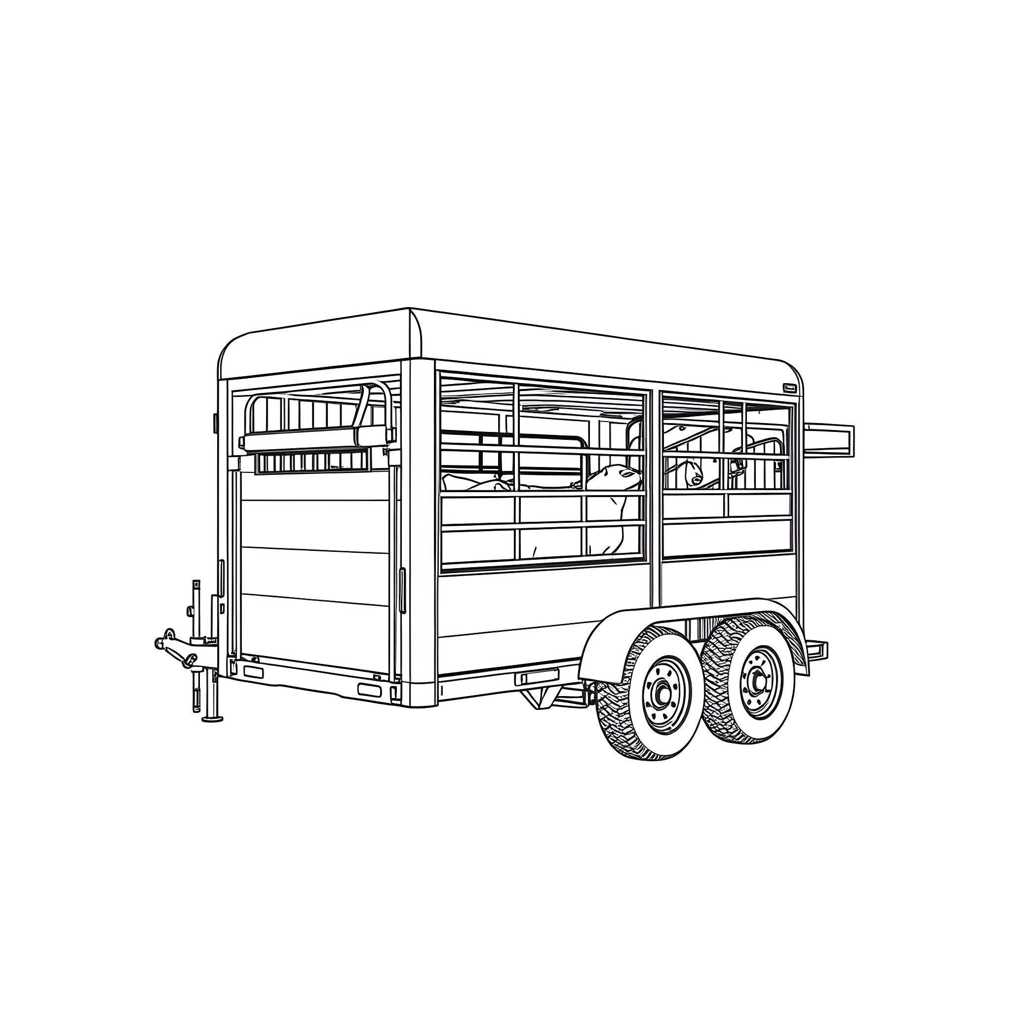 Livestock Trailer Carrying Animals Outdoors Coloring Page (free black-and-white line drawing printable PDF for all, from beginners to advanced learners, including children, teens, adults, and seniors)