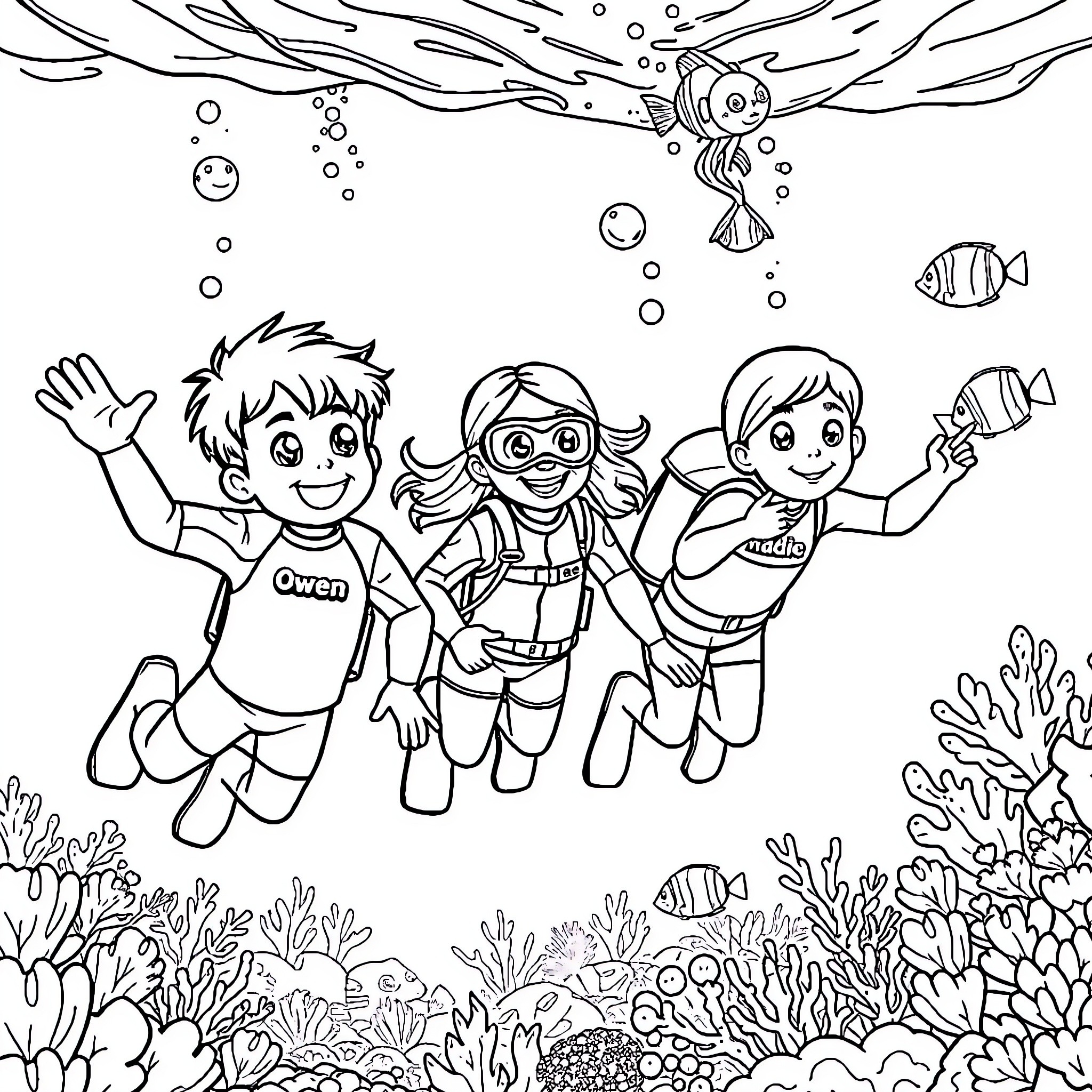 Kid divers exploring underwater world with marine life Coloring Page (free black-and-white line drawing printable PDF for all, from beginners to advanced learners, including children, teens, adults, and seniors)