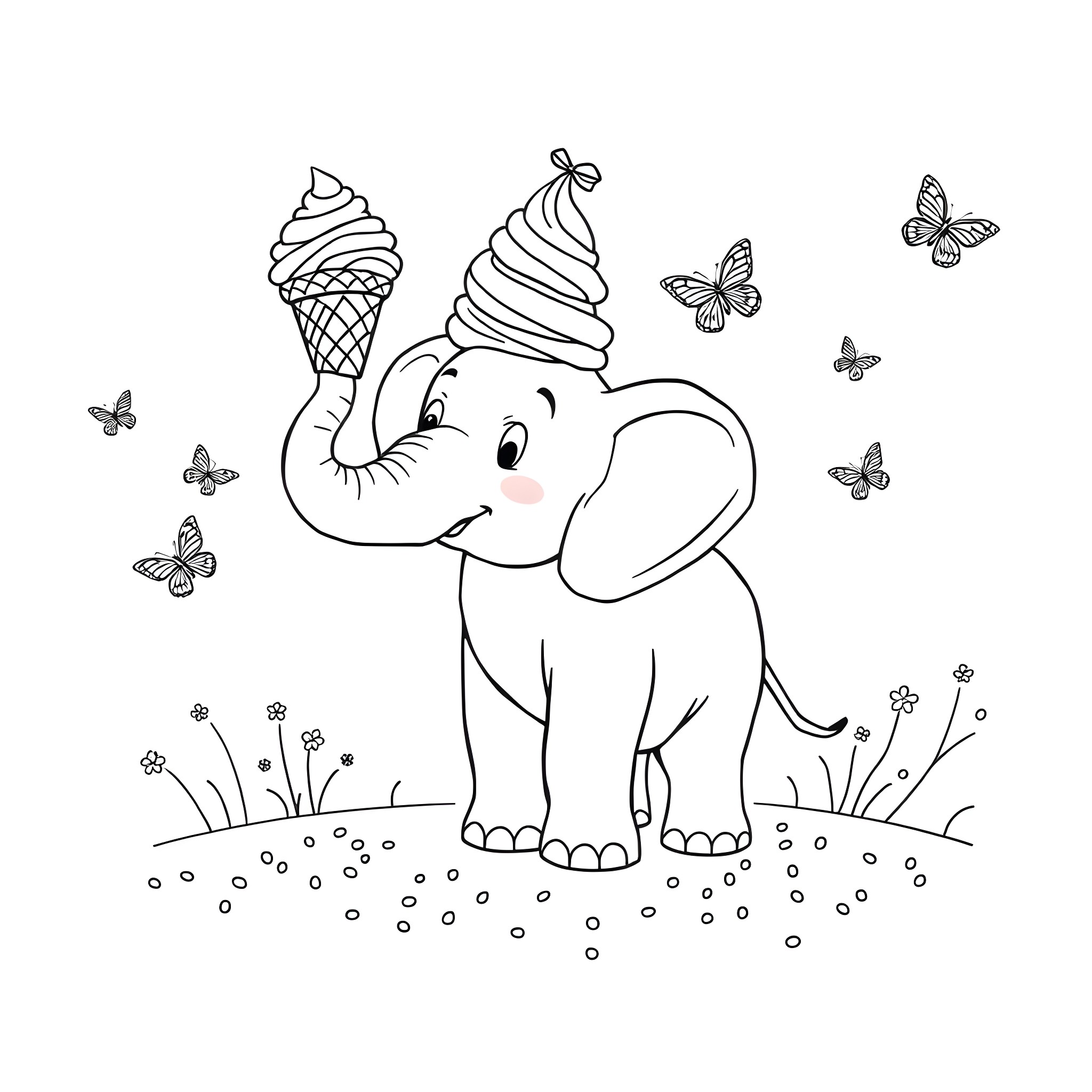 Elephant enjoying an ice cream cone surrounded by butterflies Coloring Page (free black-and-white line drawing printable PDF for all, from beginners to advanced learners, including children, teens, adults, and seniors)