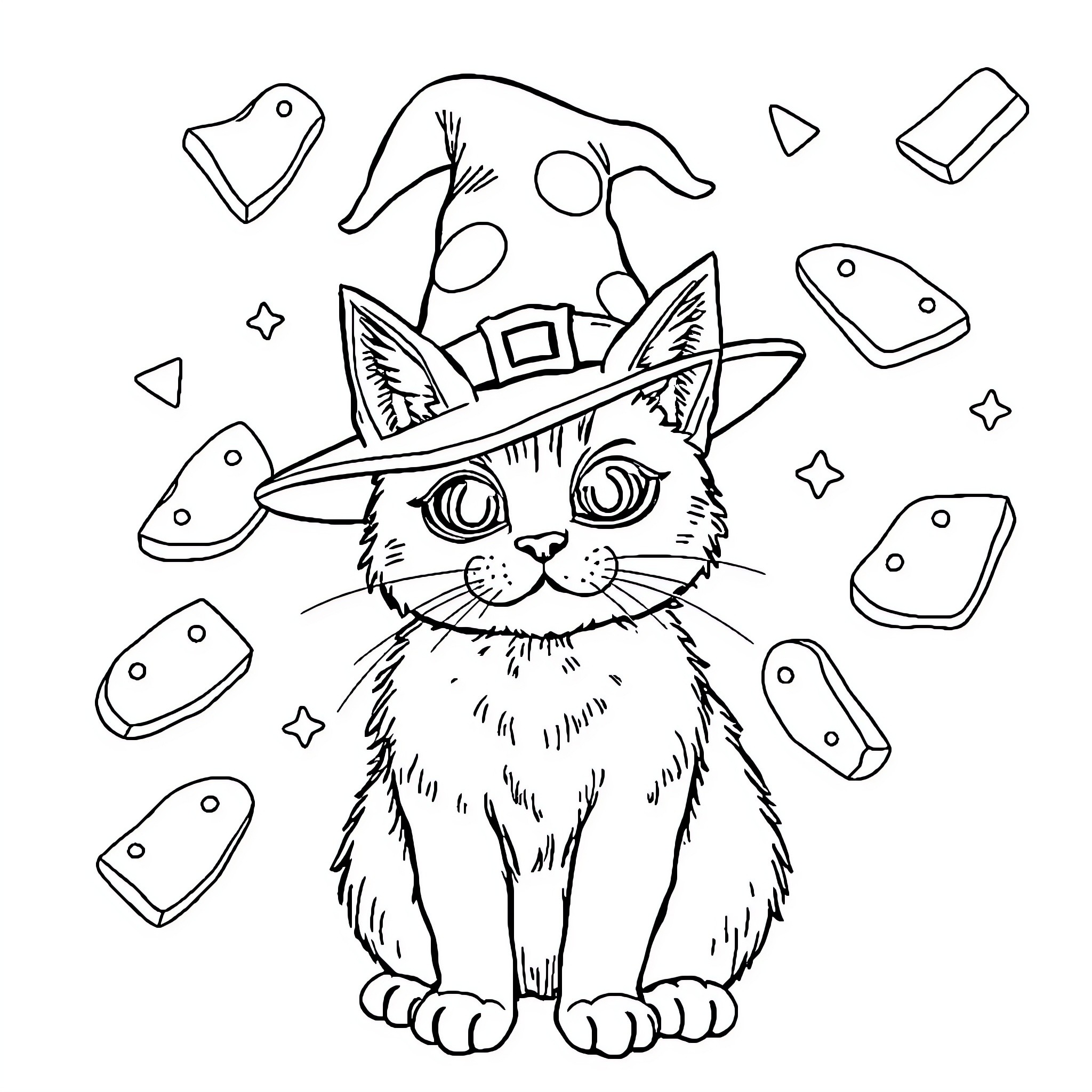 Ham Wizard Cat performing magic with floating objects Coloring Page (free black-and-white line drawing printable PDF for all, from beginners to advanced learners, including children, teens, adults, and seniors)