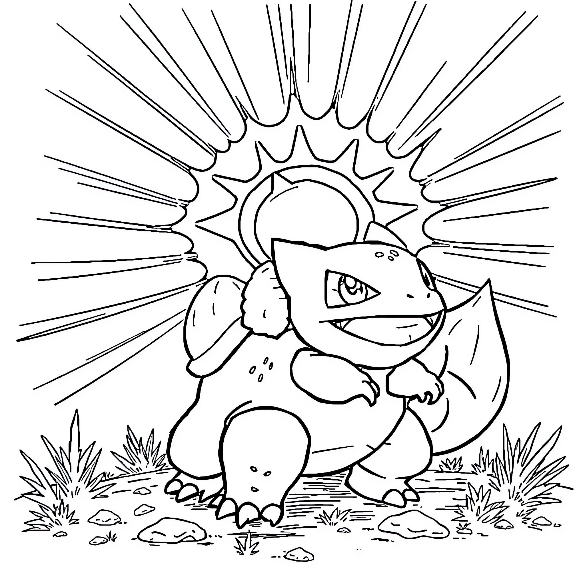 Bulbasaur enjoying the sunlight outdoors Coloring Page (free black-and-white line drawing printable PDF for all, from beginners to advanced learners, including children, teens, adults, and seniors)